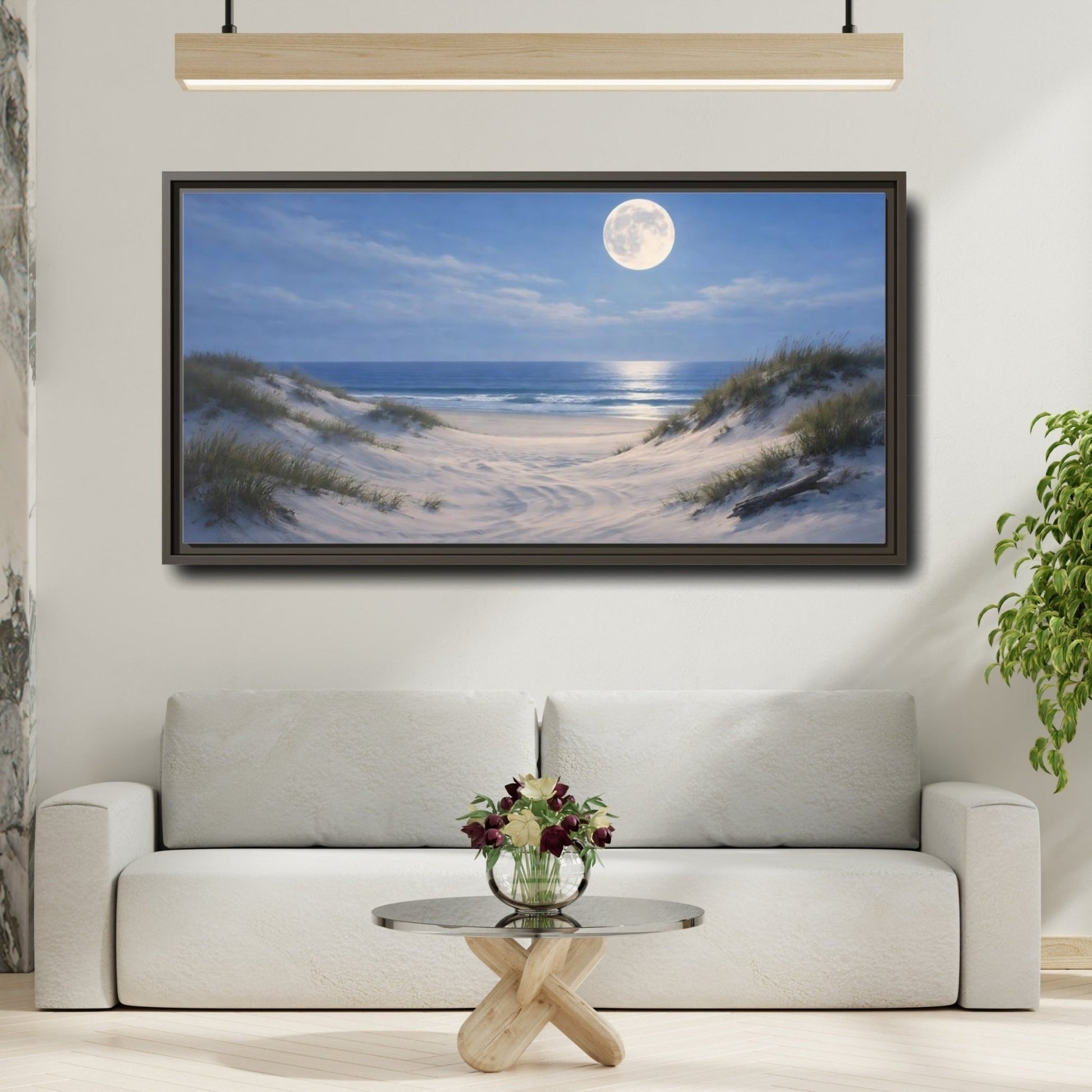 Landscape Nature Moonlit Beach Blue And - Framed Canvas Wall Art Print - YesArtYes