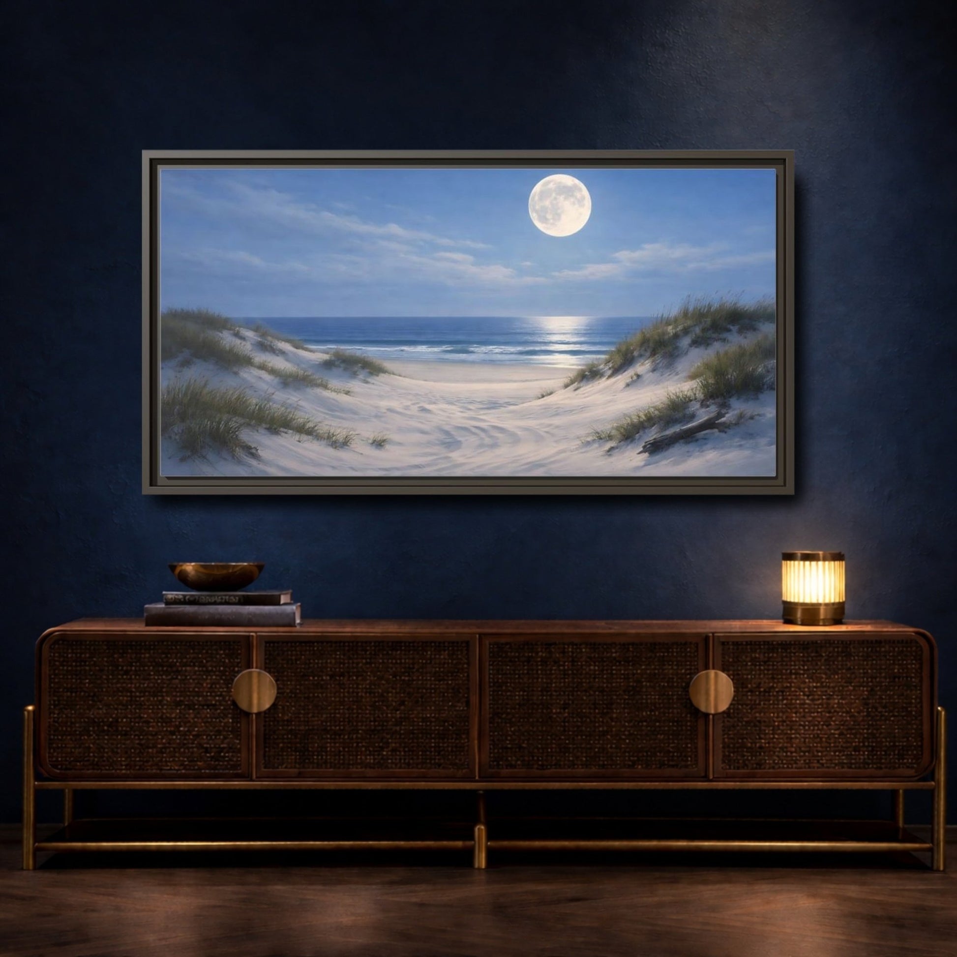 Landscape Nature Moonlit Beach Blue And - Framed Canvas Wall Art Print - YesArtYes