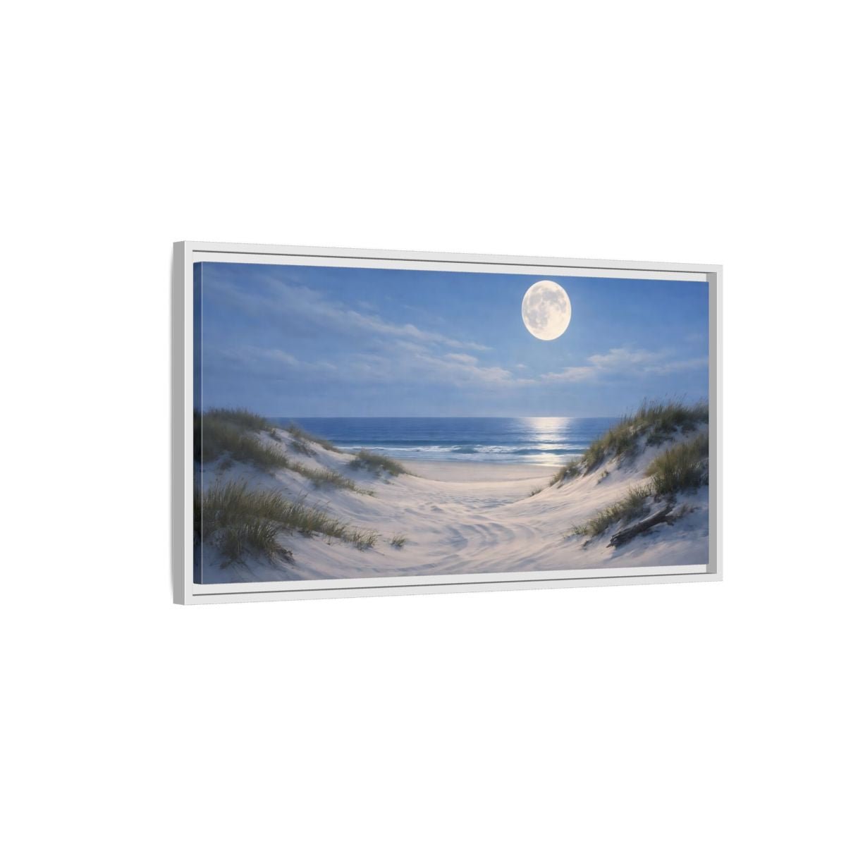 Landscape Nature Moonlit Beach Blue And - Framed Canvas Wall Art Print - YesArtYes
