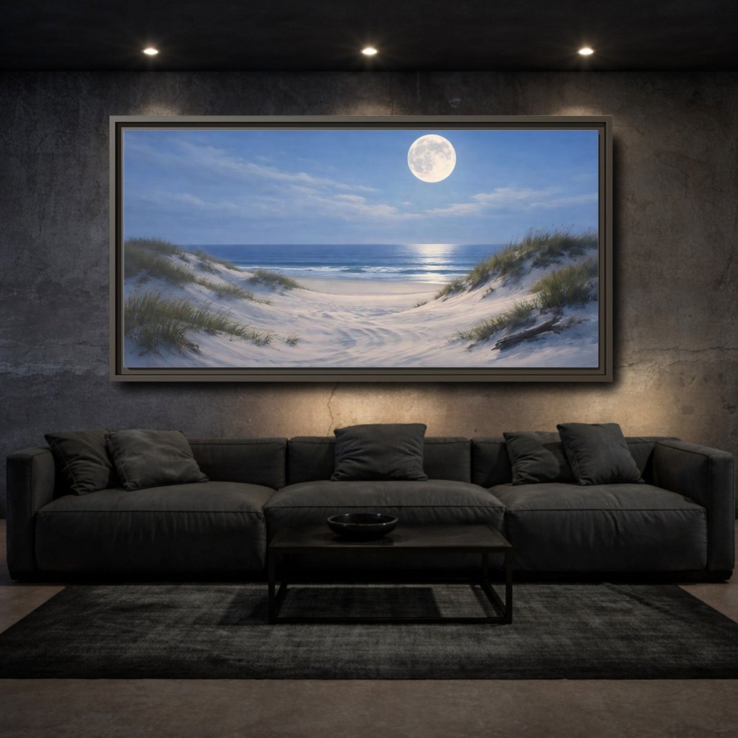 Landscape Nature Moonlit Beach Blue And - Framed Canvas Wall Art Print - YesArtYes