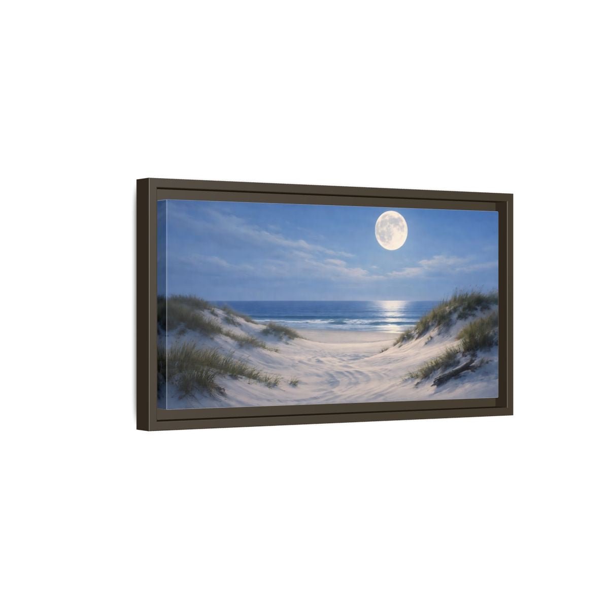 Landscape Nature Moonlit Beach Blue And - Framed Canvas Wall Art Print - YesArtYes