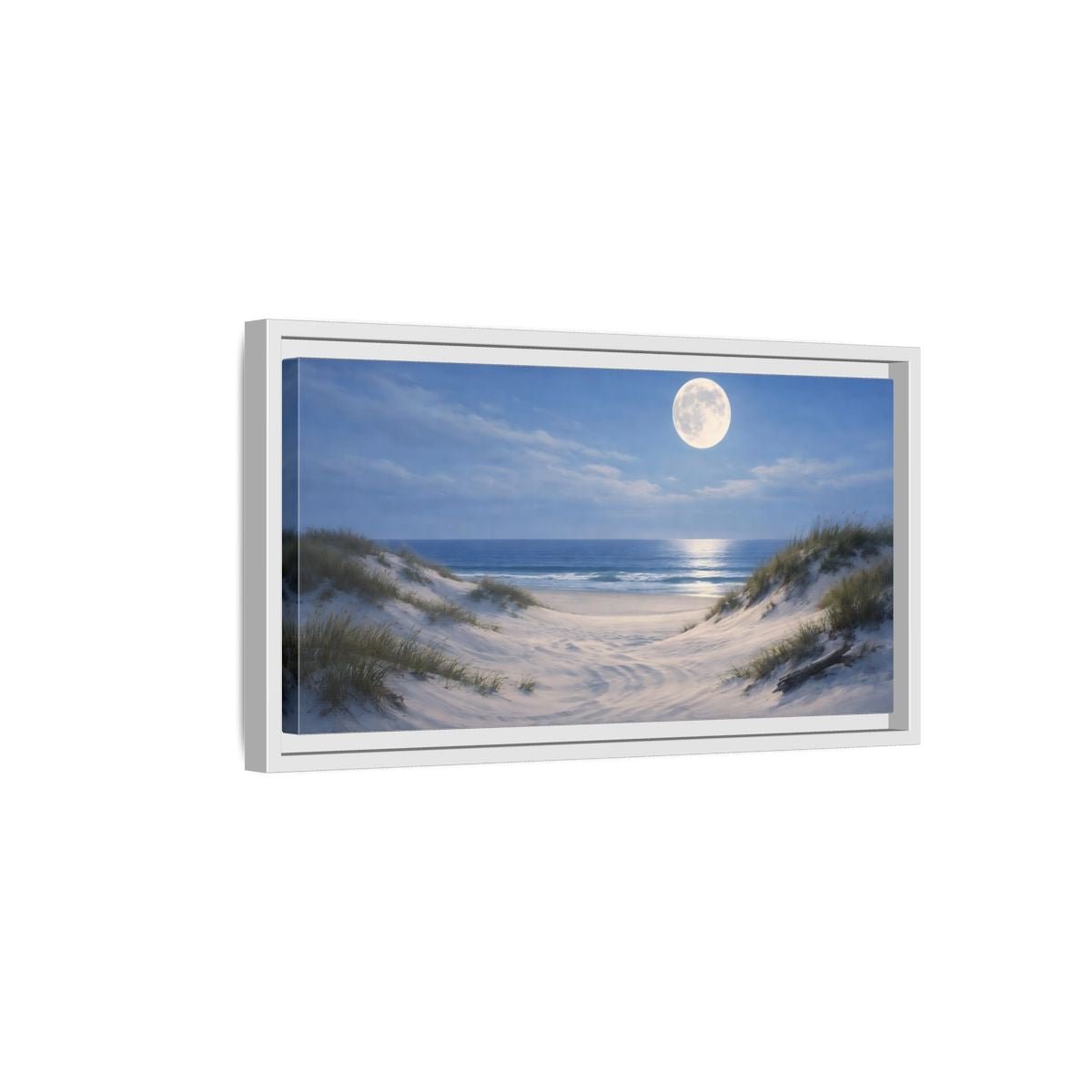 Landscape Nature Moonlit Beach Blue And - Framed Canvas Wall Art Print - YesArtYes