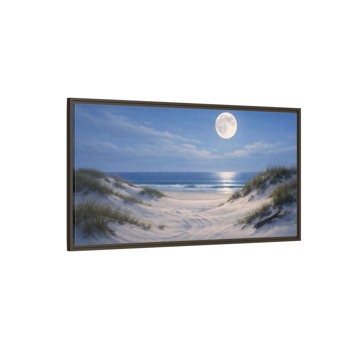 Landscape Nature Moonlit Beach Blue And - Framed Canvas Wall Art Print - YesArtYes