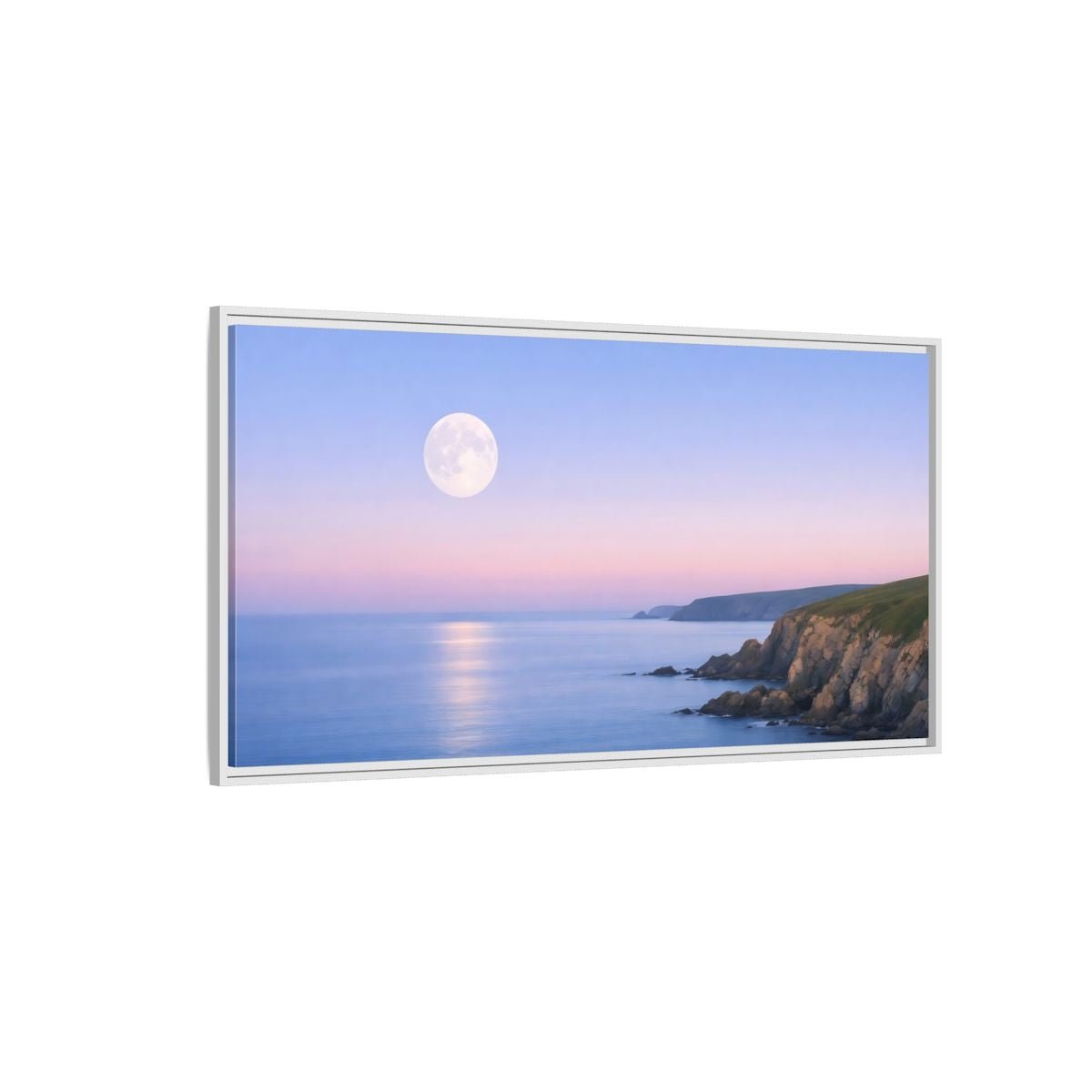 Landscape Nature Moonlit Coast Blue Pink - Framed Canvas Wall Art Print - YesArtYes