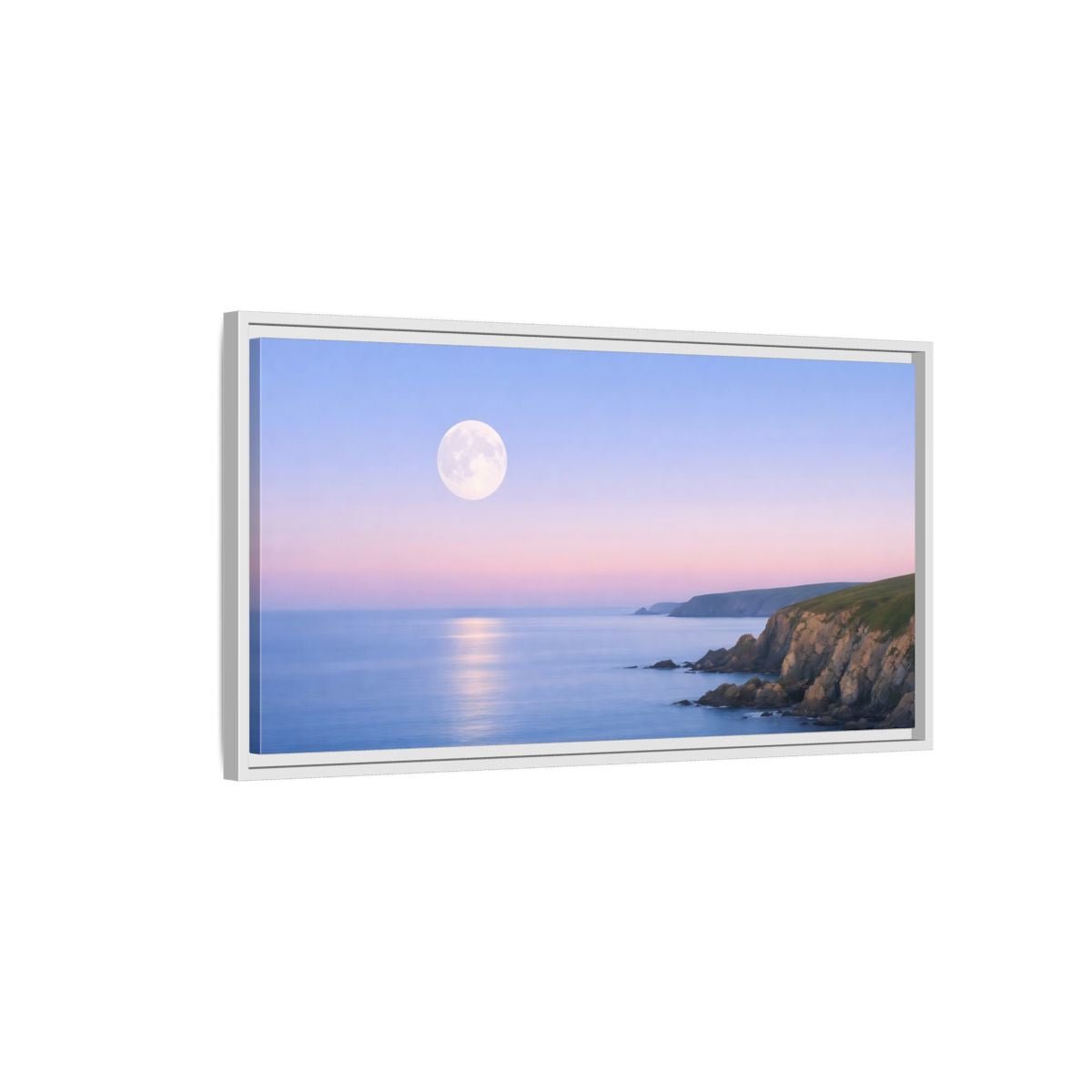 Landscape Nature Moonlit Coast Blue Pink - Framed Canvas Wall Art Print - YesArtYes