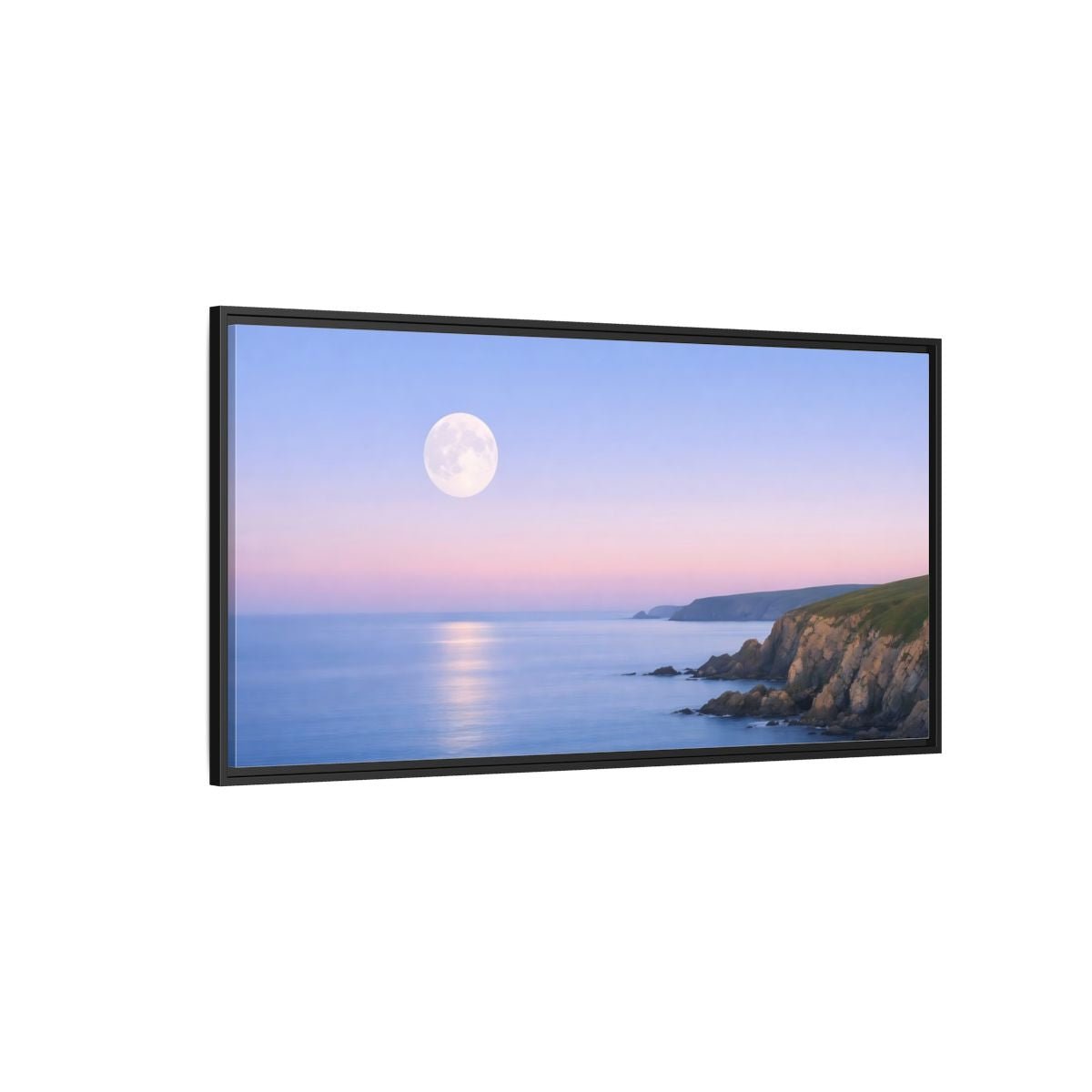 Landscape Nature Moonlit Coast Blue Pink - Framed Canvas Wall Art Print - YesArtYes