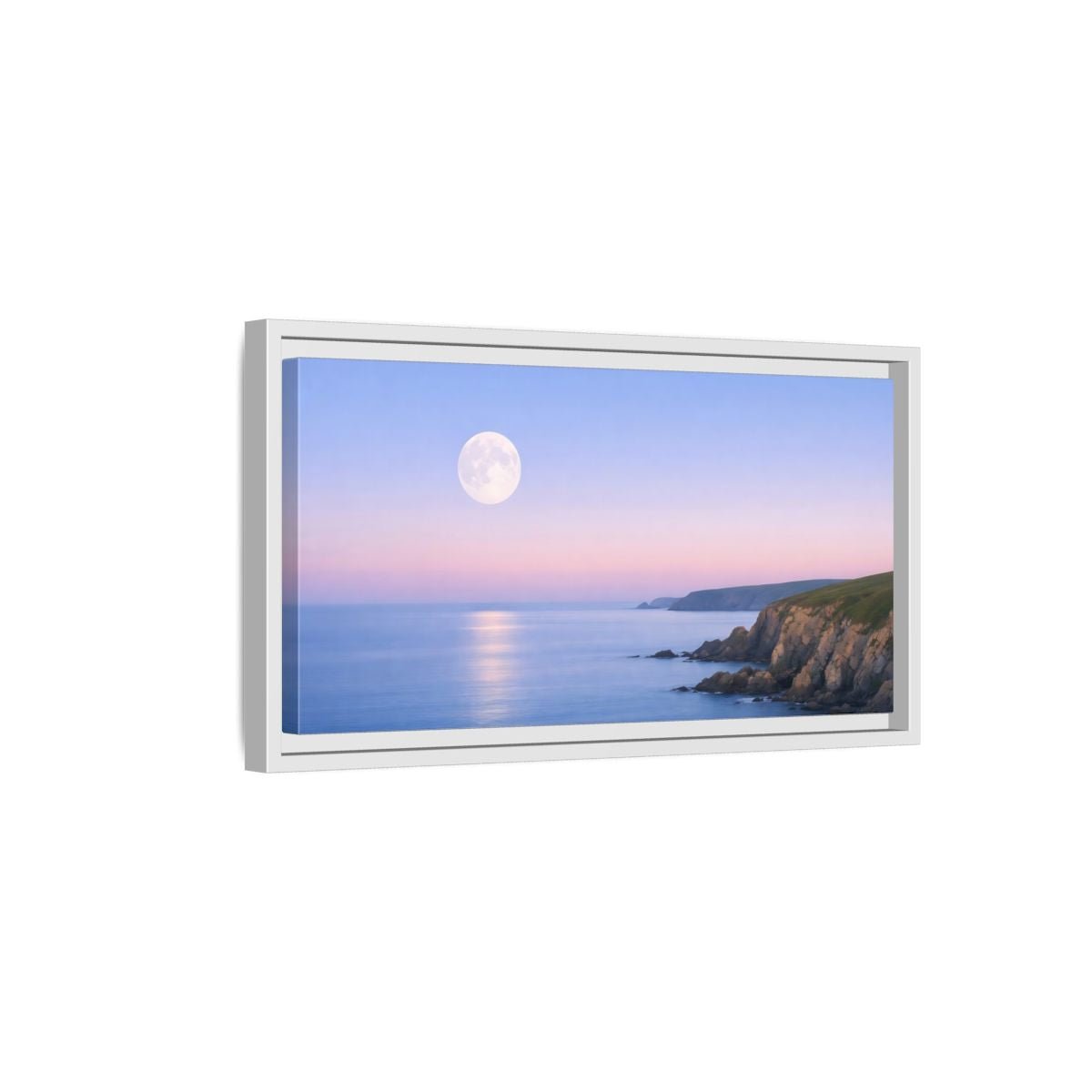 Landscape Nature Moonlit Coast Blue Pink - Framed Canvas Wall Art Print - YesArtYes