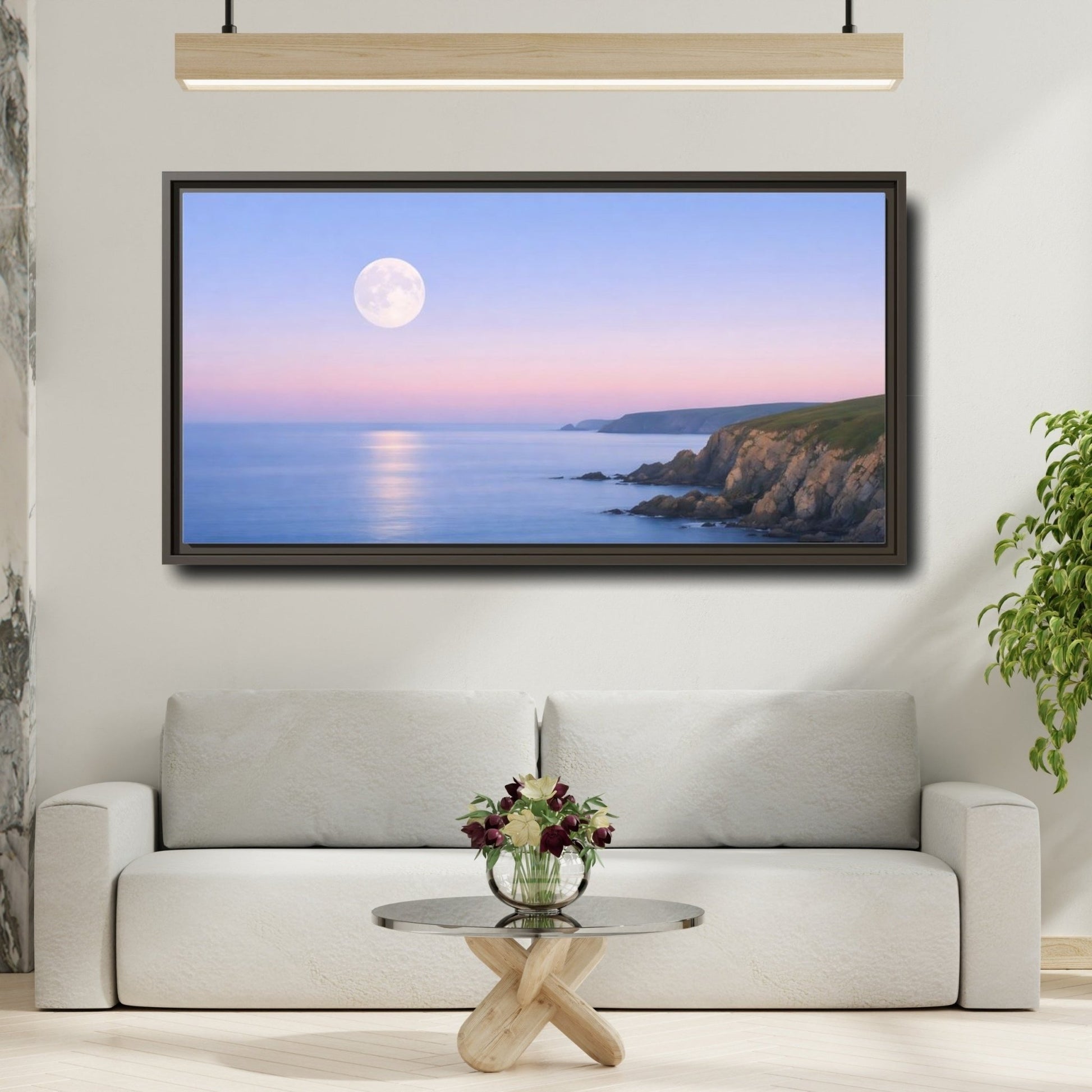 Landscape Nature Moonlit Coast Blue Pink - Framed Canvas Wall Art Print - YesArtYes