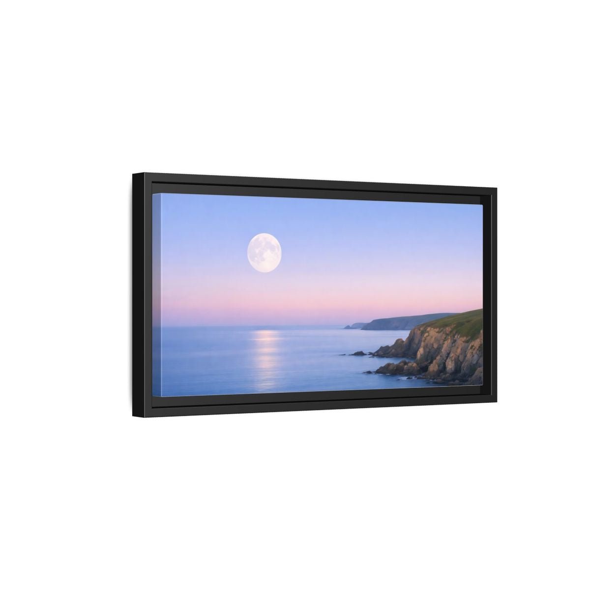 Landscape Nature Moonlit Coast Blue Pink - Framed Canvas Wall Art Print - YesArtYes
