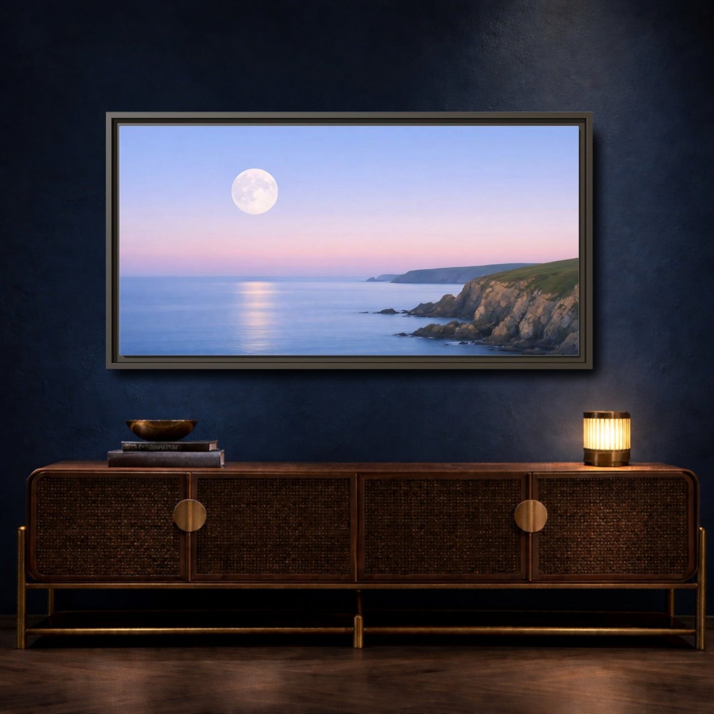 Landscape Nature Moonlit Coast Blue Pink - Framed Canvas Wall Art Print - YesArtYes