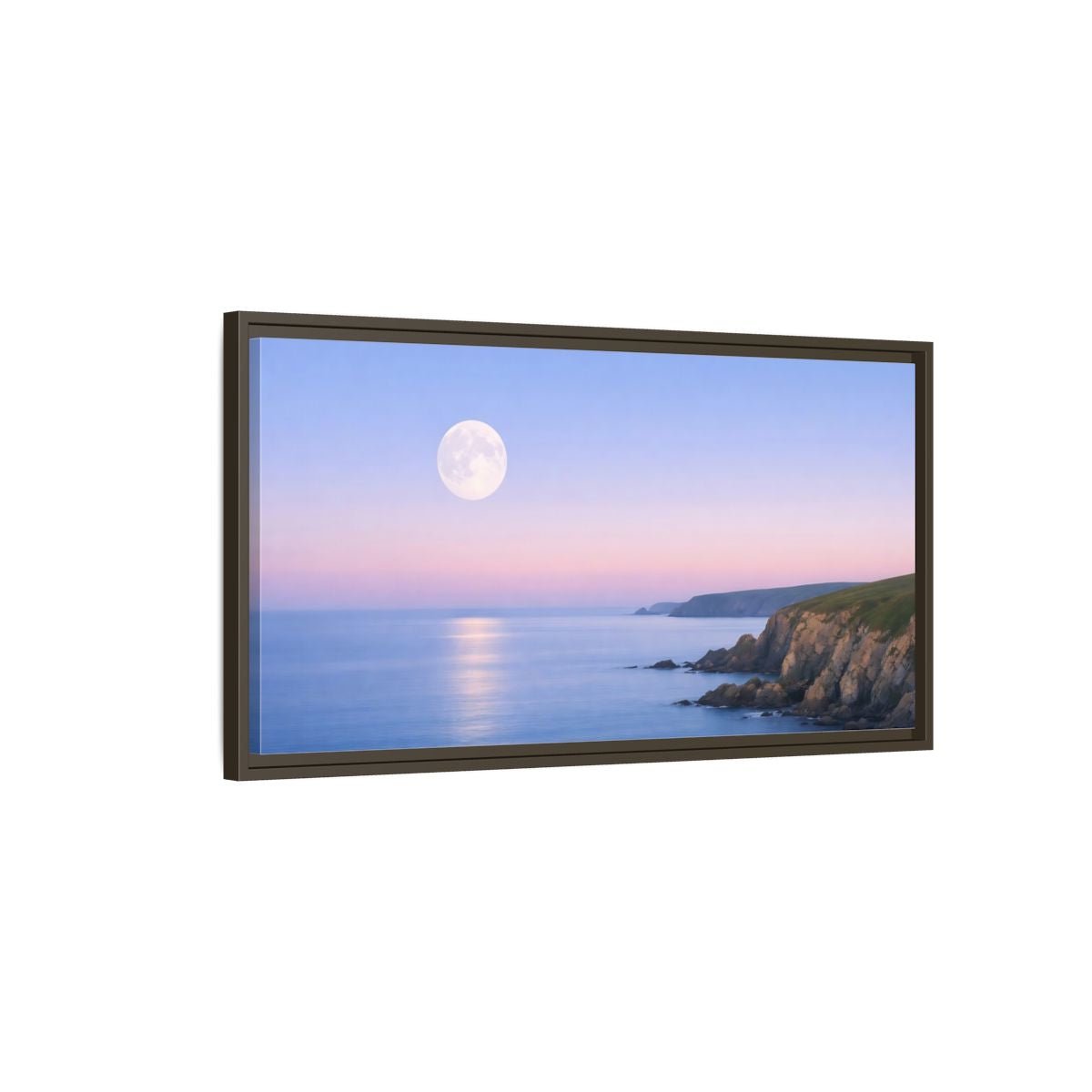 Landscape Nature Moonlit Coast Blue Pink - Framed Canvas Wall Art Print - YesArtYes