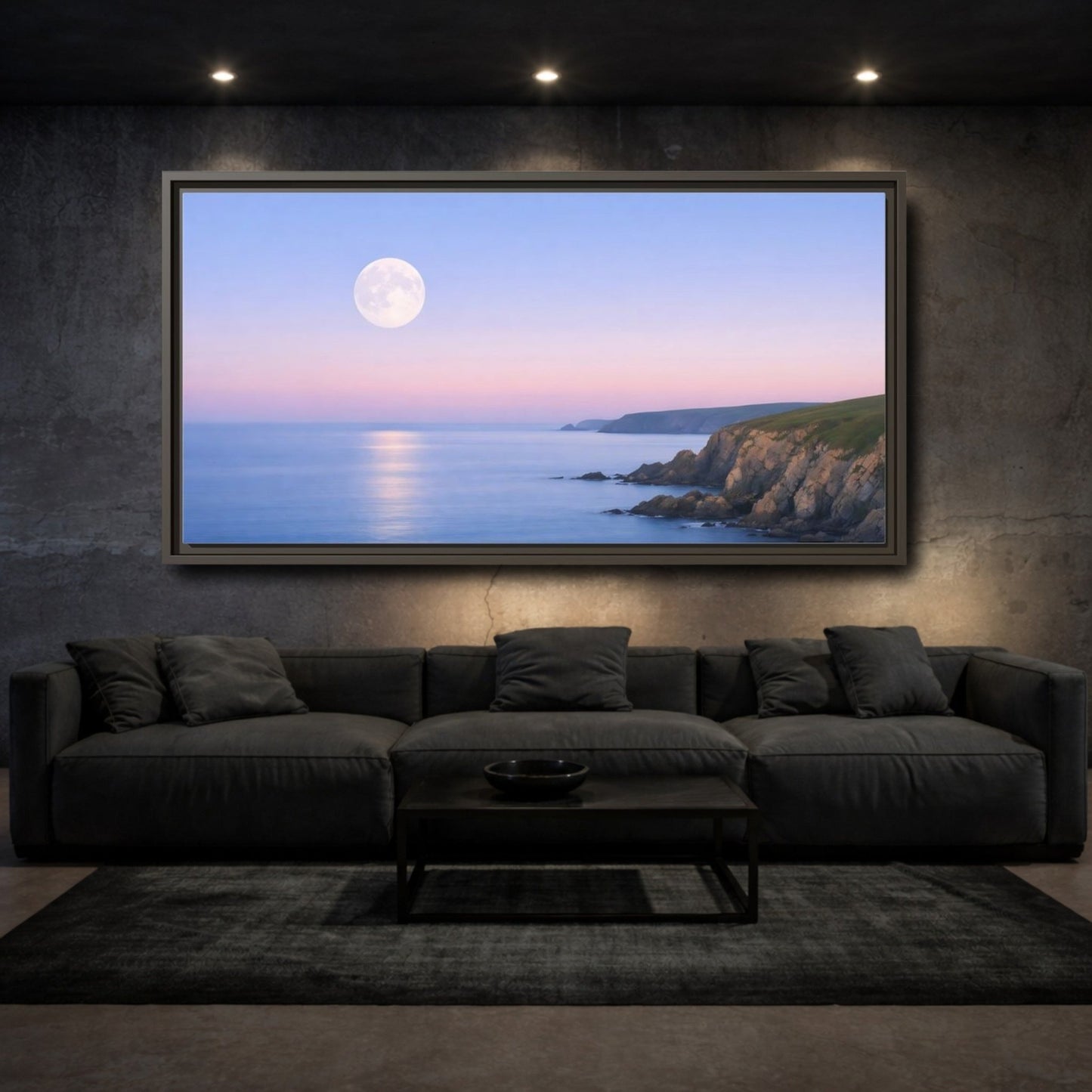 Landscape Nature Moonlit Coast Blue Pink - Framed Canvas Wall Art Print - YesArtYes