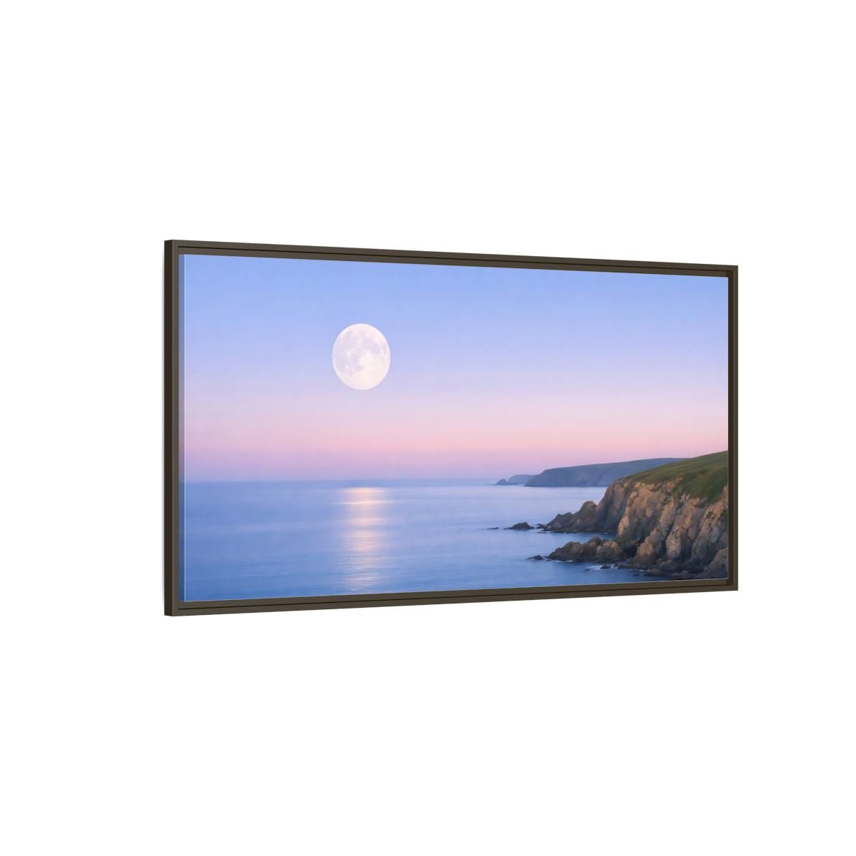 Landscape Nature Moonlit Coast Blue Pink - Framed Canvas Wall Art Print - YesArtYes