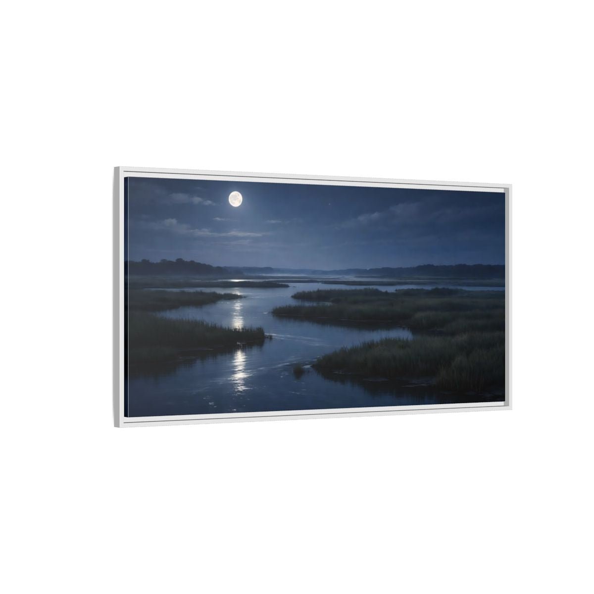 Landscape Nature Moonlit Marsh Blue Night - Framed Canvas Wall Art Print - YesArtYes