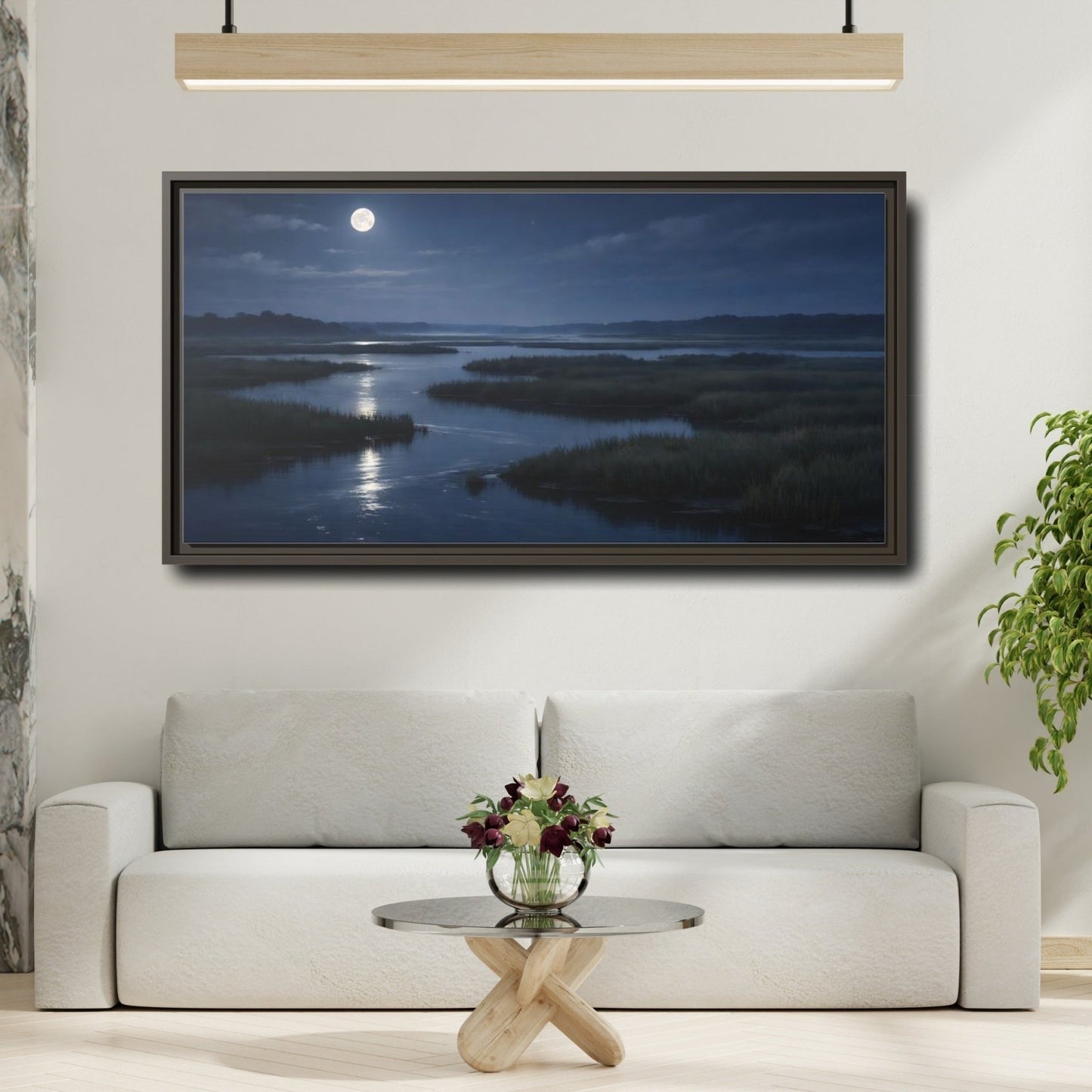 Landscape Nature Moonlit Marsh Blue Night - Framed Canvas Wall Art Print - YesArtYes