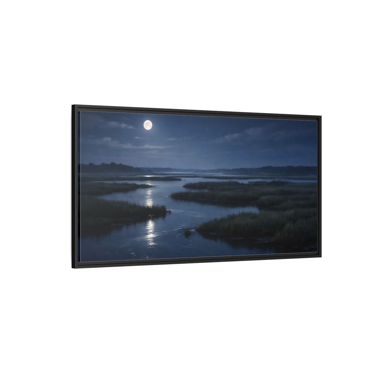 Landscape Nature Moonlit Marsh Blue Night - Framed Canvas Wall Art Print - YesArtYes