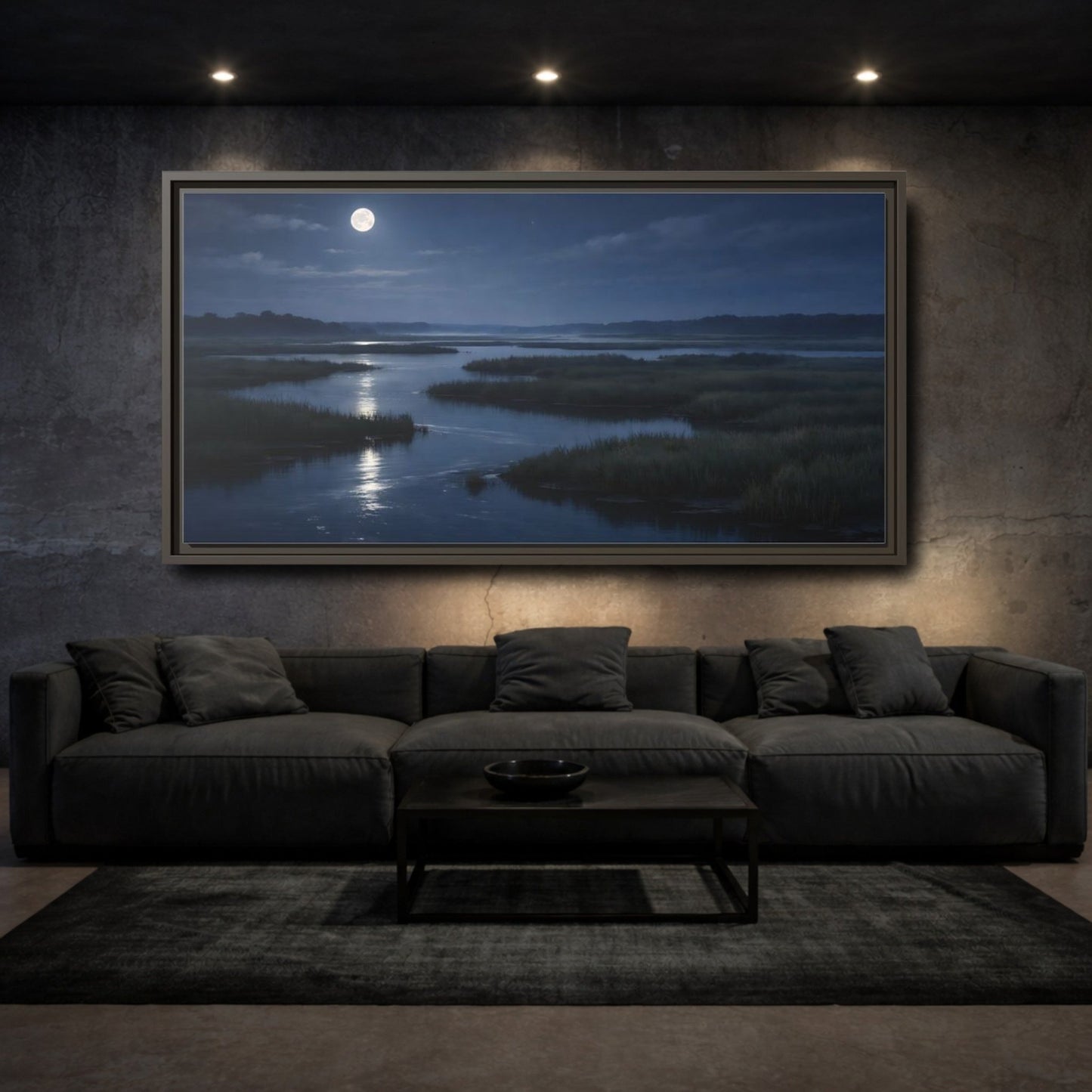 Landscape Nature Moonlit Marsh Blue Night - Framed Canvas Wall Art Print - YesArtYes