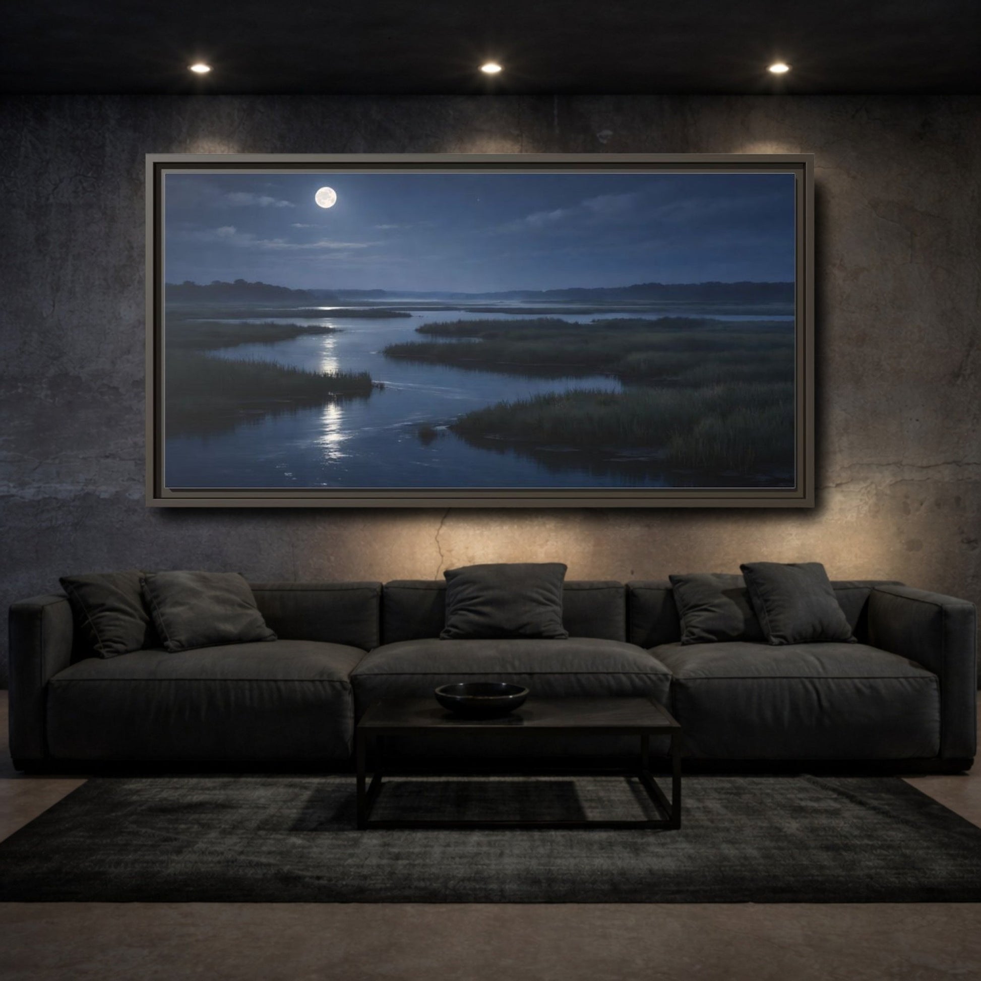 Landscape Nature Moonlit Marsh Blue Night - Framed Canvas Wall Art Print - YesArtYes