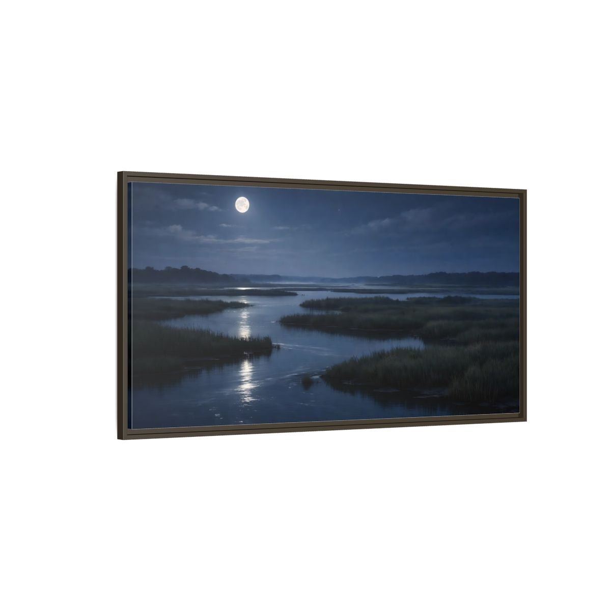 Landscape Nature Moonlit Marsh Blue Night - Framed Canvas Wall Art Print - YesArtYes