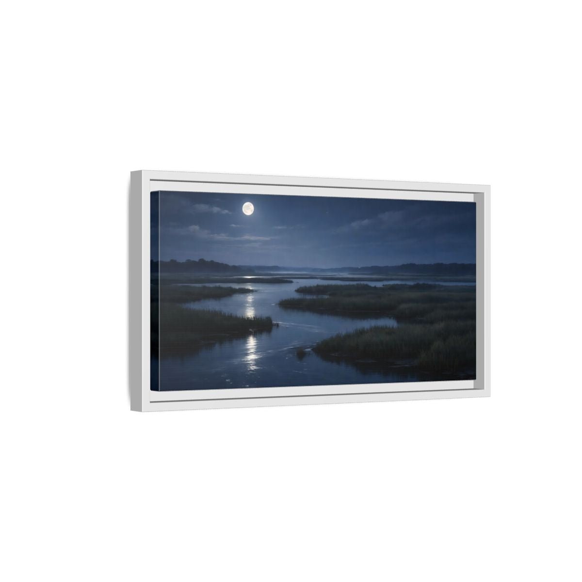 Landscape Nature Moonlit Marsh Blue Night - Framed Canvas Wall Art Print - YesArtYes