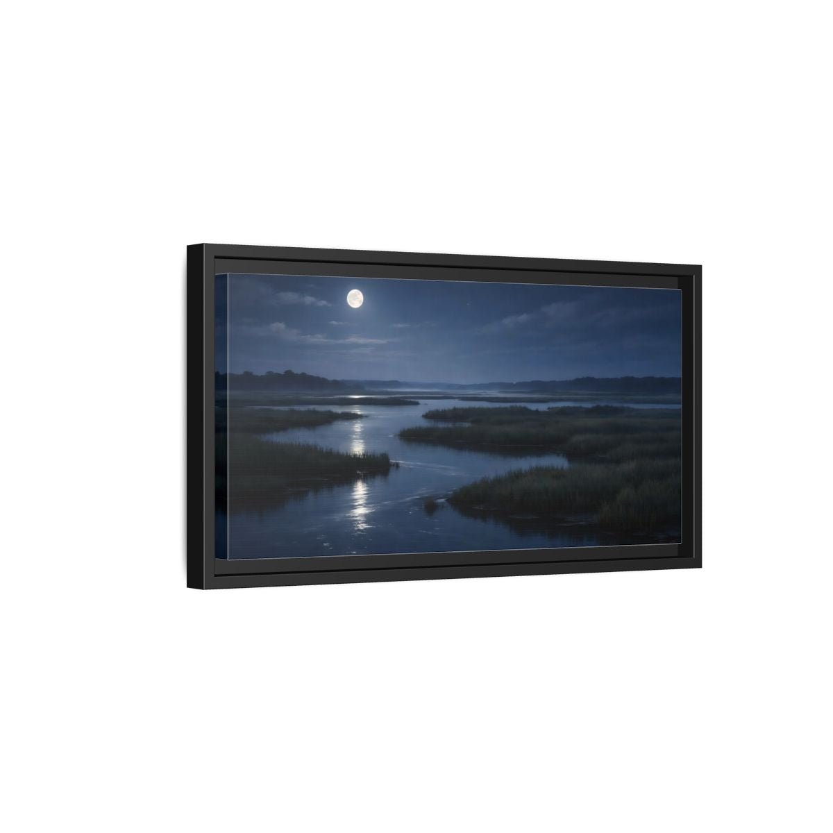 Landscape Nature Moonlit Marsh Blue Night - Framed Canvas Wall Art Print - YesArtYes