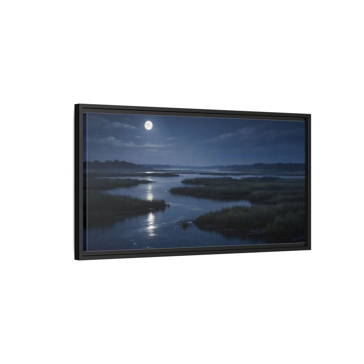 Landscape Nature Moonlit Marsh Blue Night - Framed Canvas Wall Art Print - YesArtYes