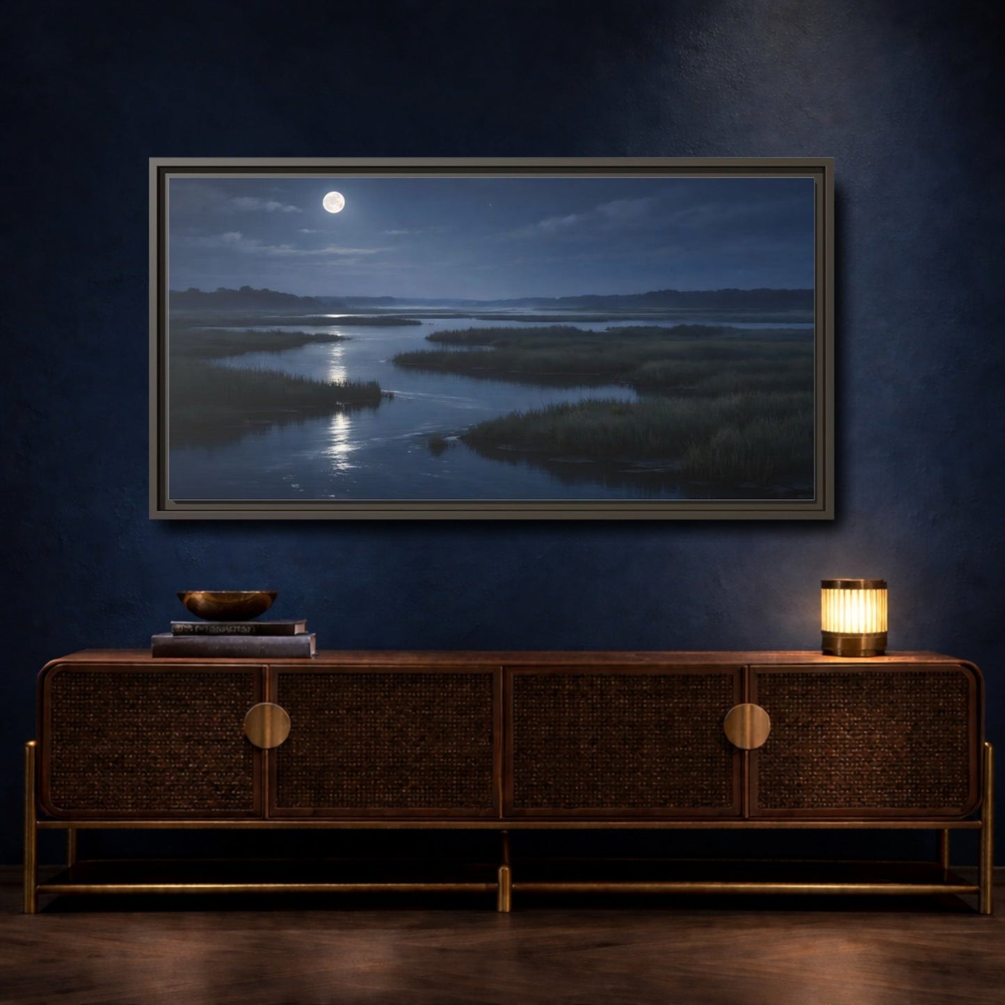 Landscape Nature Moonlit Marsh Blue Night - Framed Canvas Wall Art Print - YesArtYes
