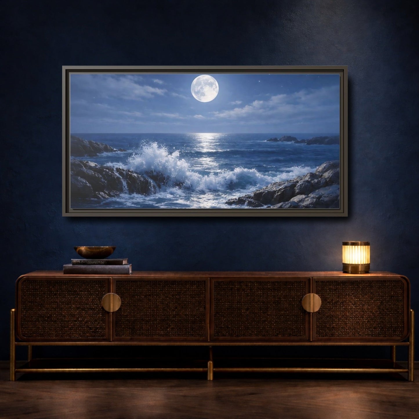 Landscape Nature Moonlit Ocean Blue - Framed Canvas Wall Art Print - YesArtYes