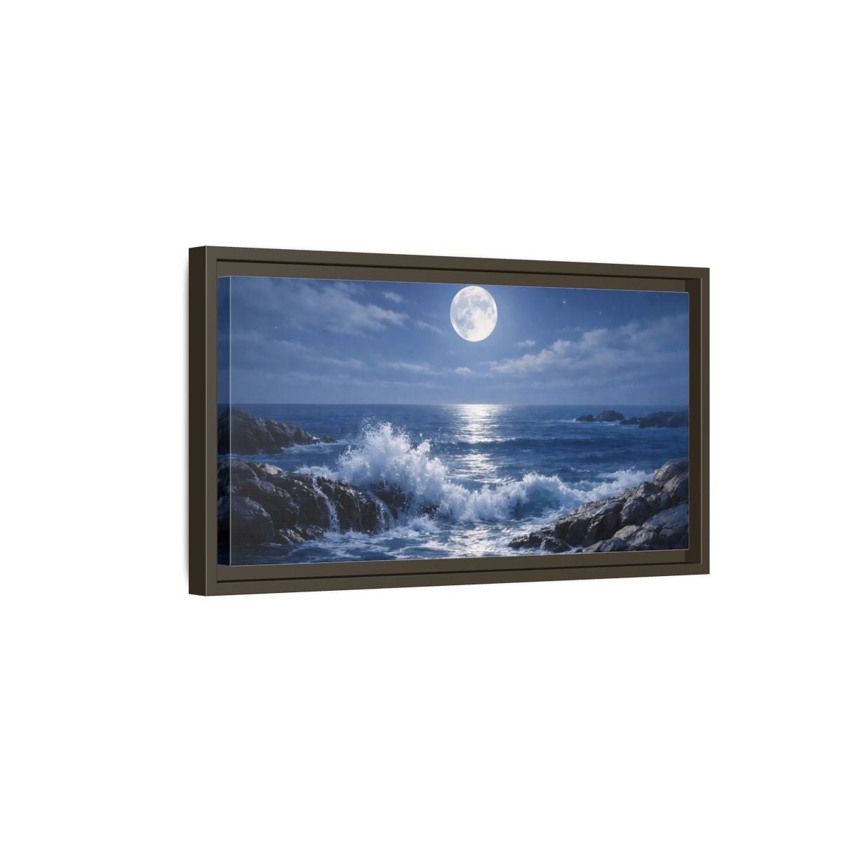 Landscape Nature Moonlit Ocean Blue - Framed Canvas Wall Art Print - YesArtYes