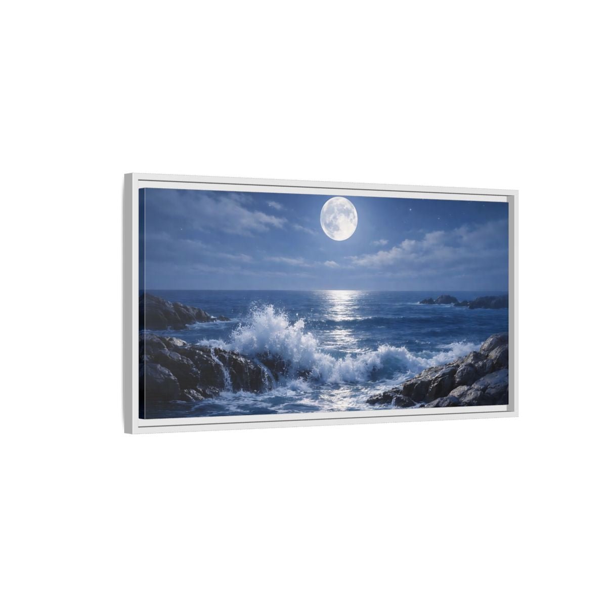 Landscape Nature Moonlit Ocean Blue - Framed Canvas Wall Art Print - YesArtYes
