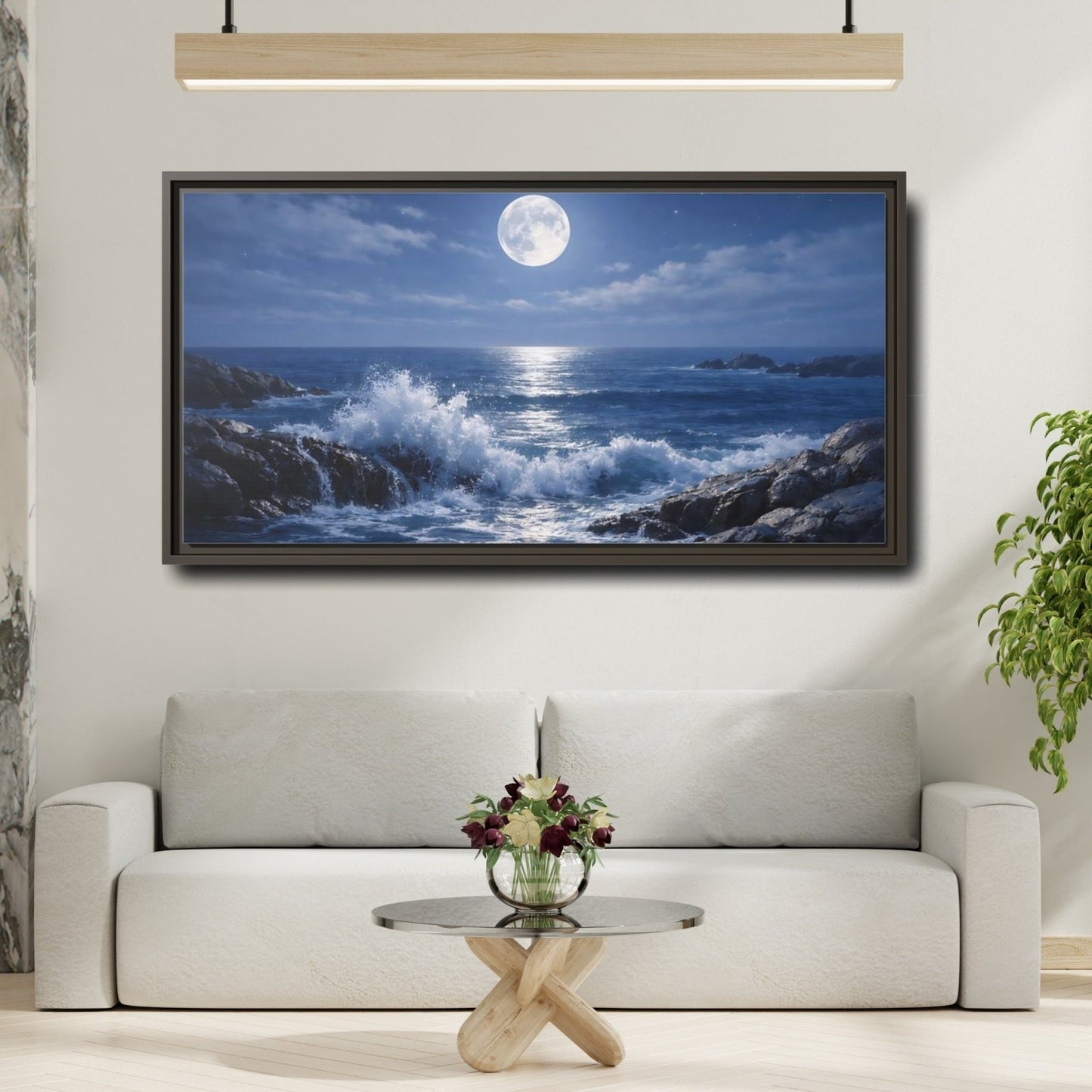 Landscape Nature Moonlit Ocean Blue - Framed Canvas Wall Art Print - YesArtYes