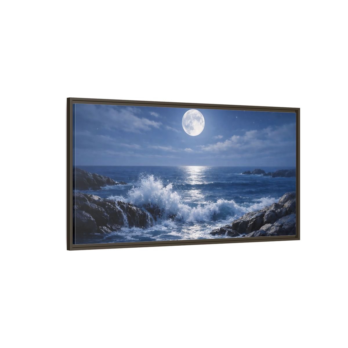 Landscape Nature Moonlit Ocean Blue - Framed Canvas Wall Art Print - YesArtYes