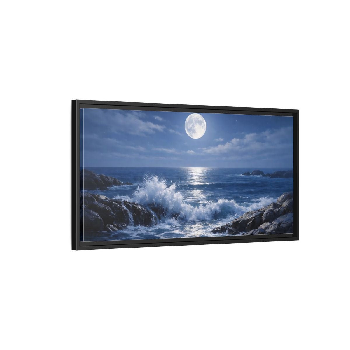 Landscape Nature Moonlit Ocean Blue - Framed Canvas Wall Art Print - YesArtYes