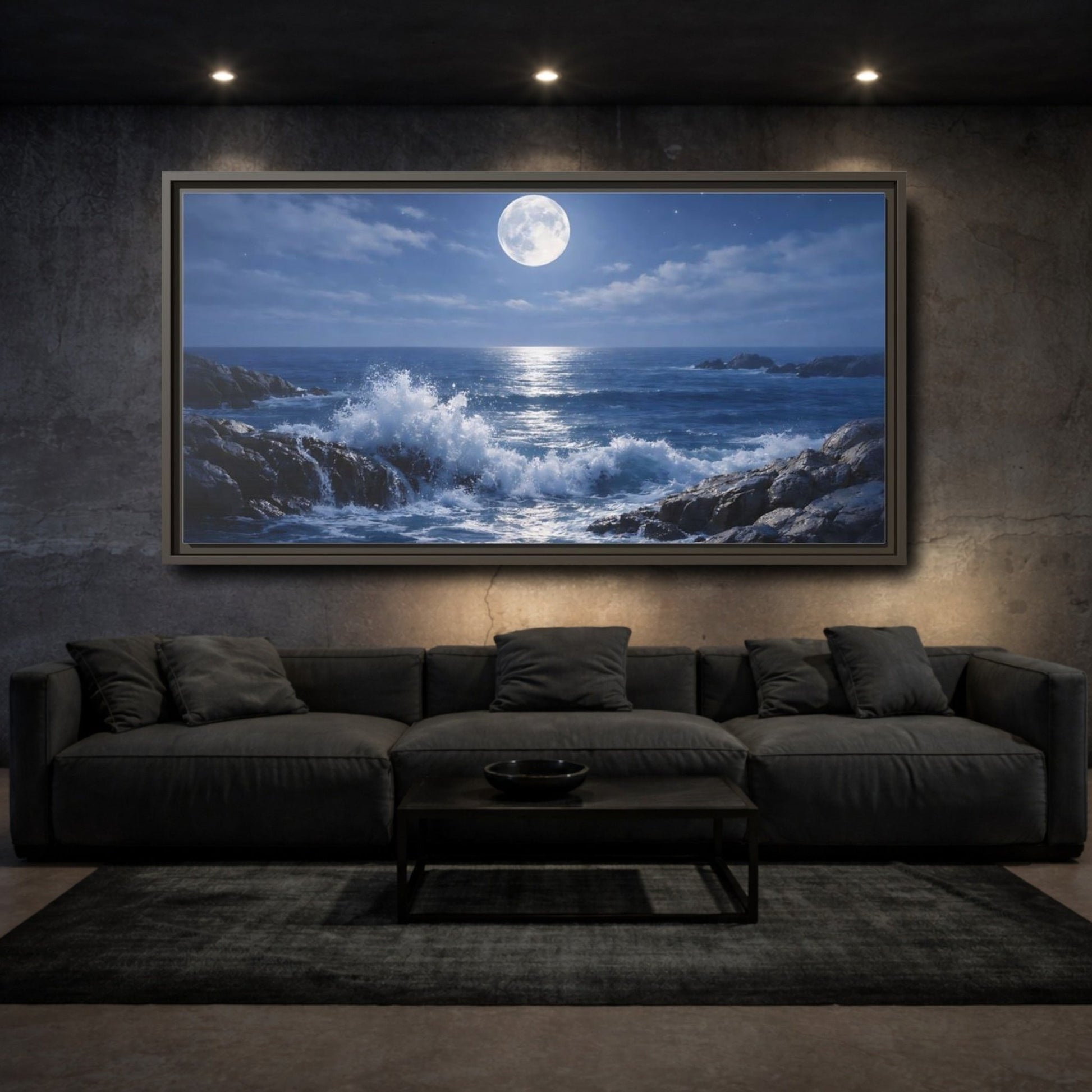 Landscape Nature Moonlit Ocean Blue - Framed Canvas Wall Art Print - YesArtYes