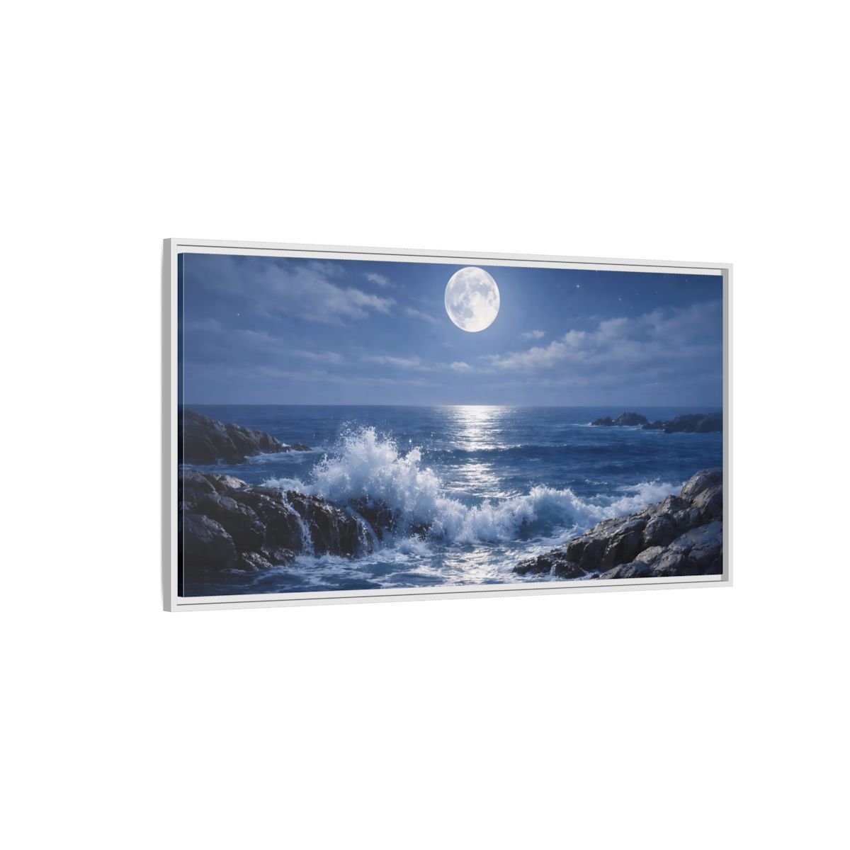Landscape Nature Moonlit Ocean Blue - Framed Canvas Wall Art Print - YesArtYes