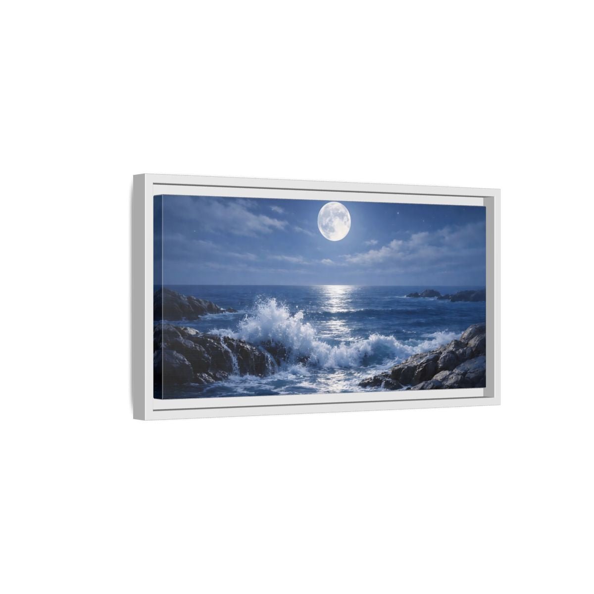 Landscape Nature Moonlit Ocean Blue - Framed Canvas Wall Art Print - YesArtYes