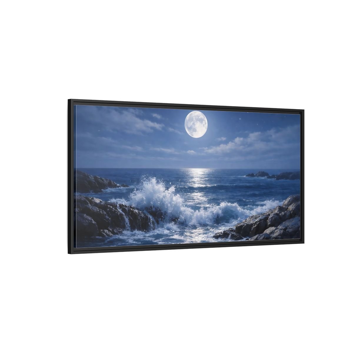 Landscape Nature Moonlit Ocean Blue - Framed Canvas Wall Art Print - YesArtYes