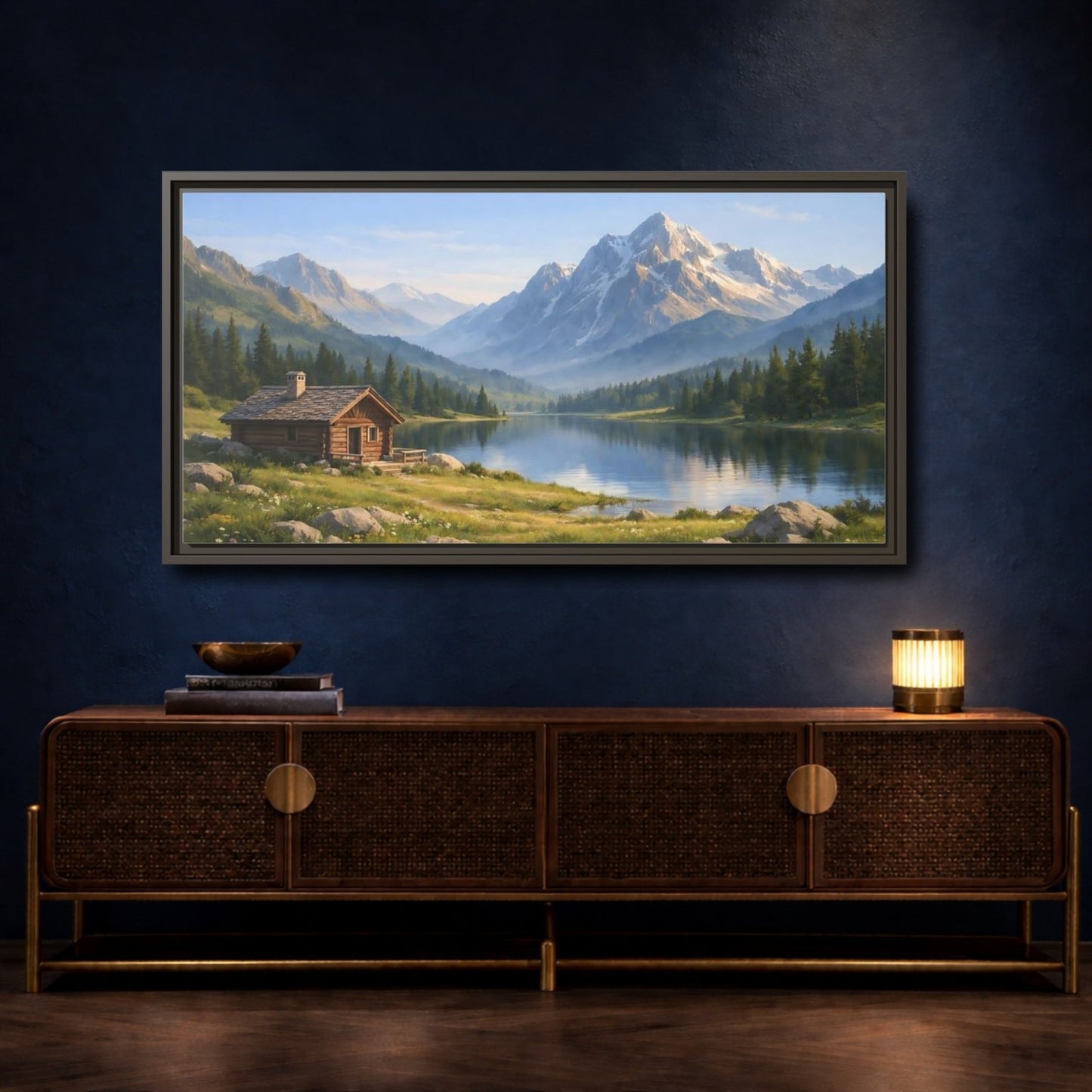Landscape Nature Mountain Cabin Lake - Framed Canvas Wall Art Print - YesArtYes