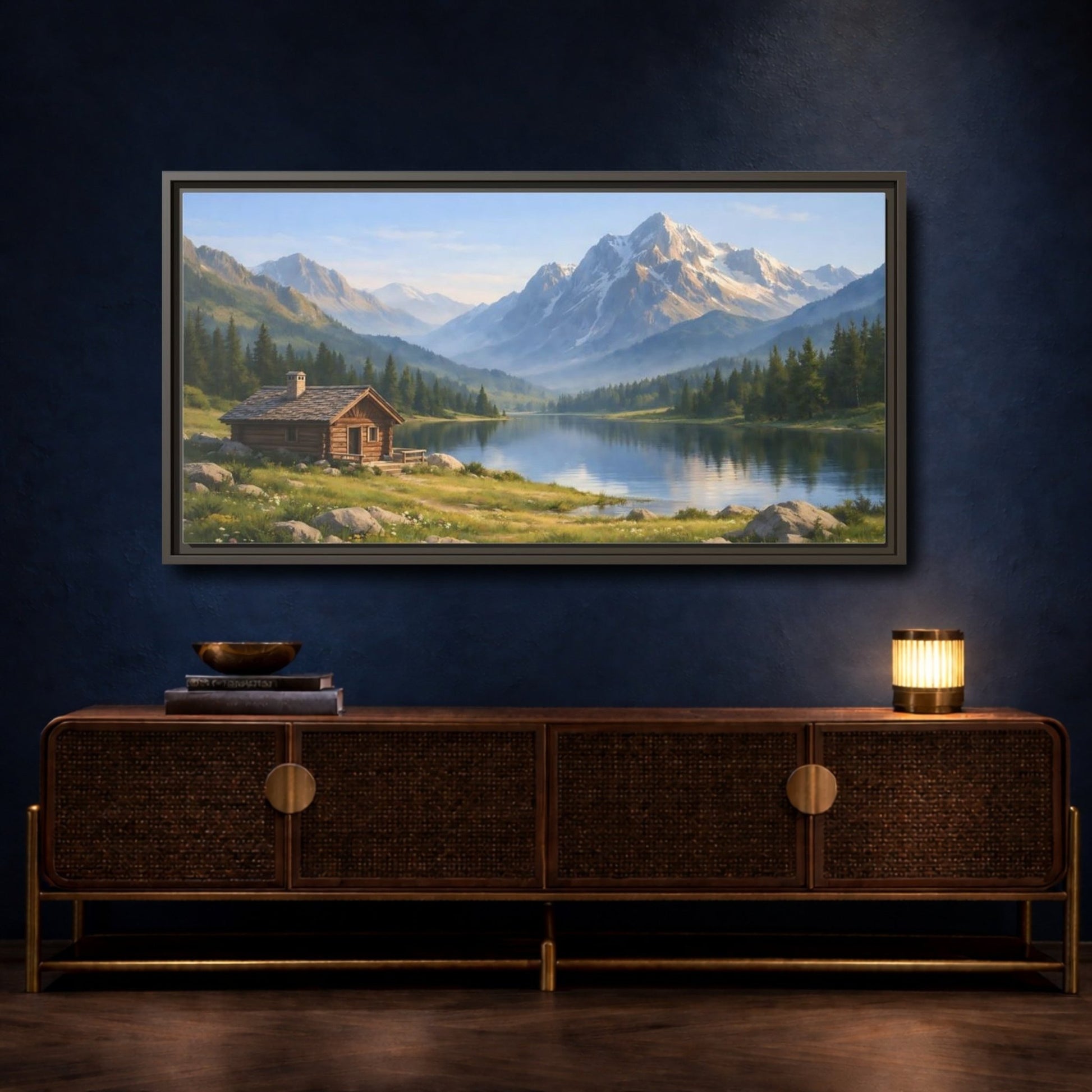 Landscape Nature Mountain Cabin Lake - Framed Canvas Wall Art Print - YesArtYes