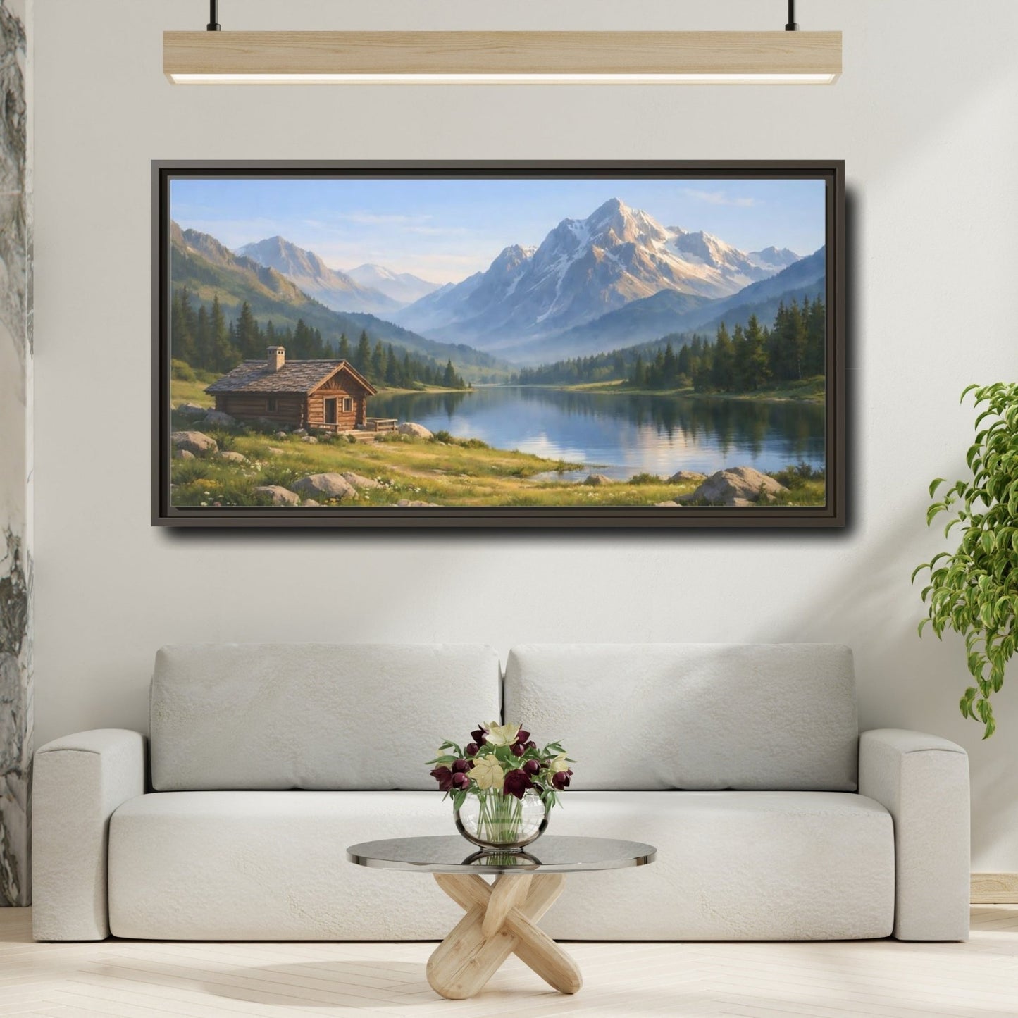 Landscape Nature Mountain Cabin Lake - Framed Canvas Wall Art Print - YesArtYes