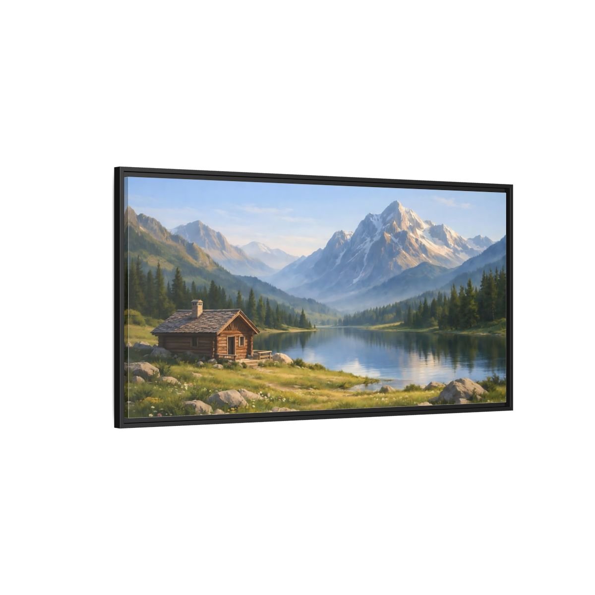 Landscape Nature Mountain Cabin Lake - Framed Canvas Wall Art Print - YesArtYes