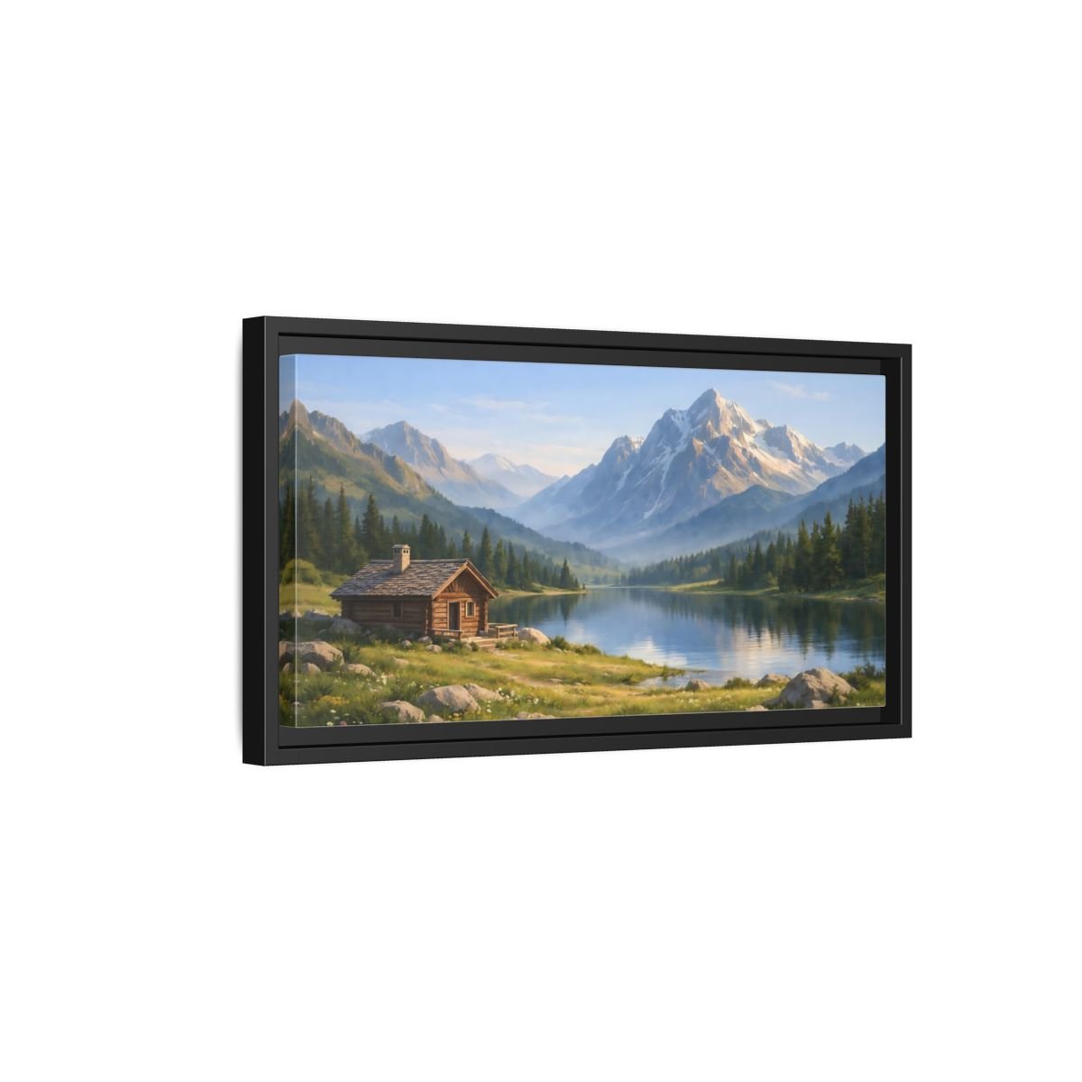 Landscape Nature Mountain Cabin Lake - Framed Canvas Wall Art Print - YesArtYes