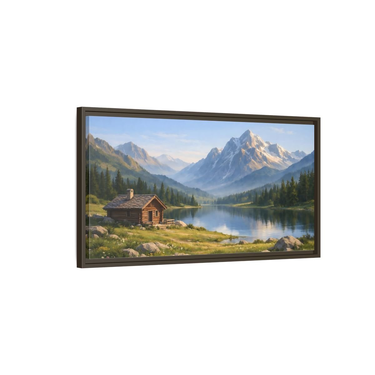Landscape Nature Mountain Cabin Lake - Framed Canvas Wall Art Print - YesArtYes