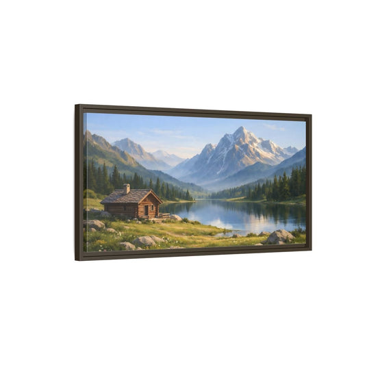 Landscape Nature Mountain Cabin Lake - Framed Canvas Wall Art Print - YesArtYes