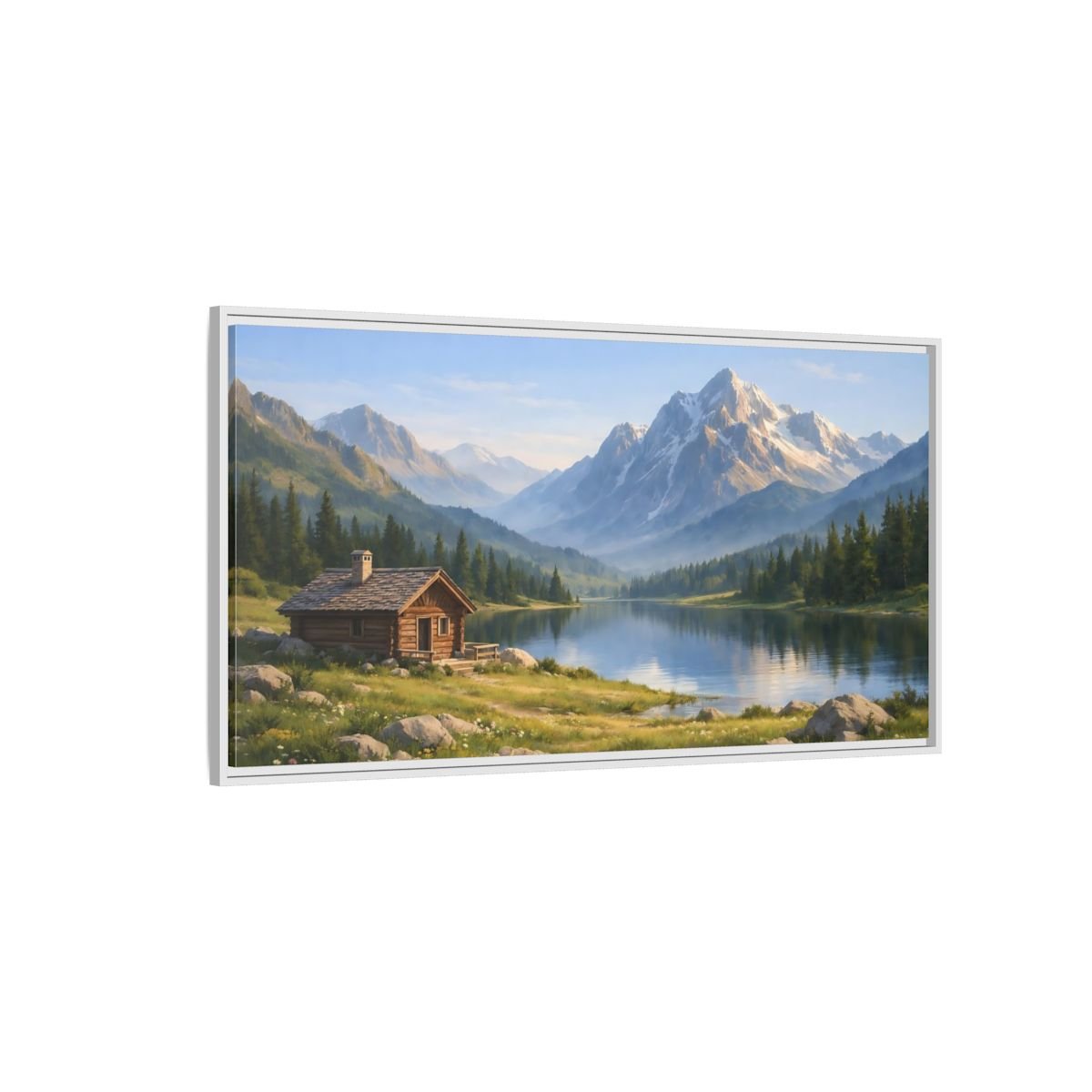 Landscape Nature Mountain Cabin Lake - Framed Canvas Wall Art Print - YesArtYes