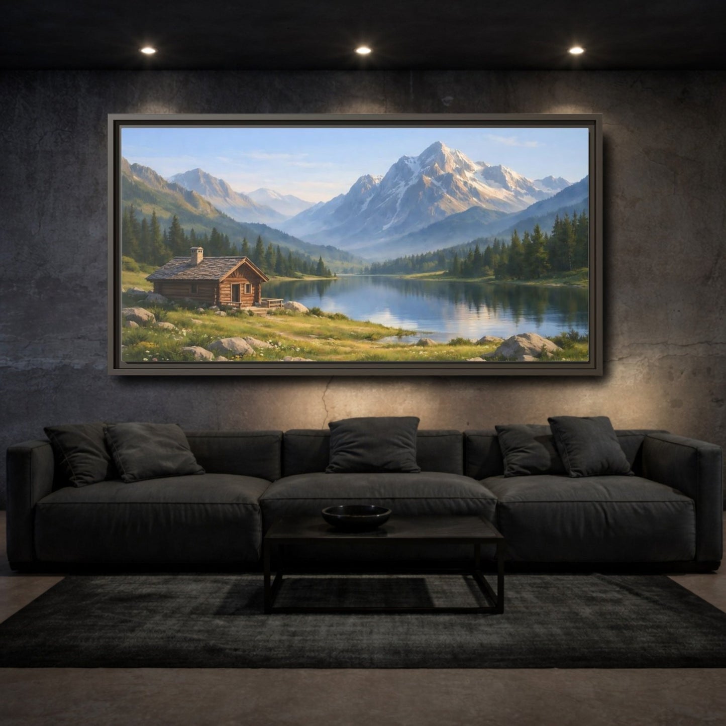 Landscape Nature Mountain Cabin Lake - Framed Canvas Wall Art Print - YesArtYes