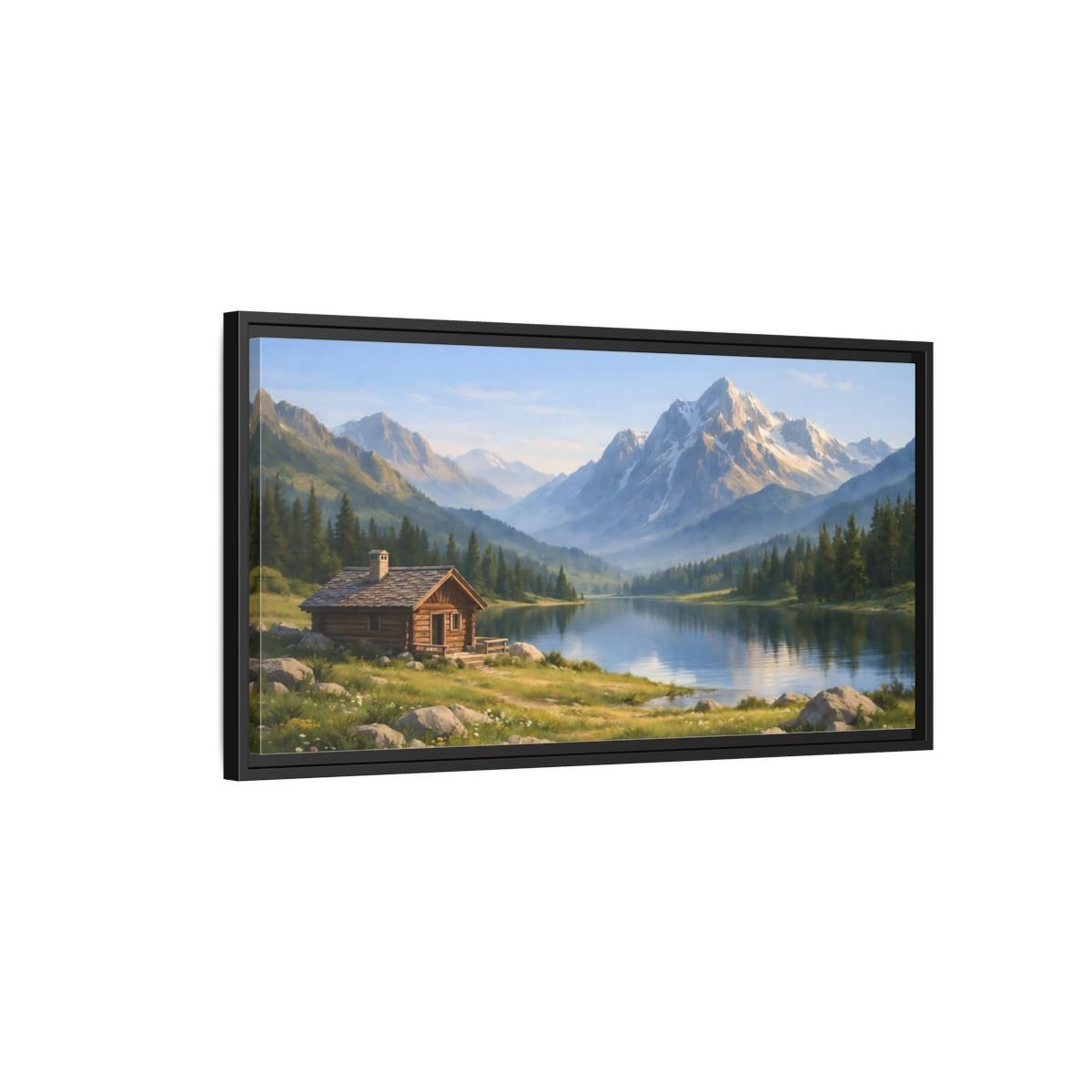 Landscape Nature Mountain Cabin Lake - Framed Canvas Wall Art Print - YesArtYes