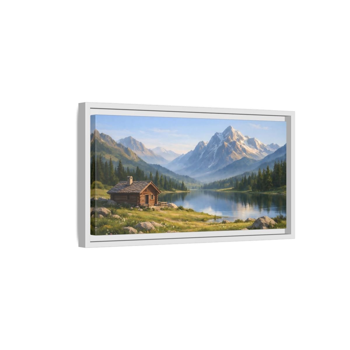 Landscape Nature Mountain Cabin Lake - Framed Canvas Wall Art Print - YesArtYes