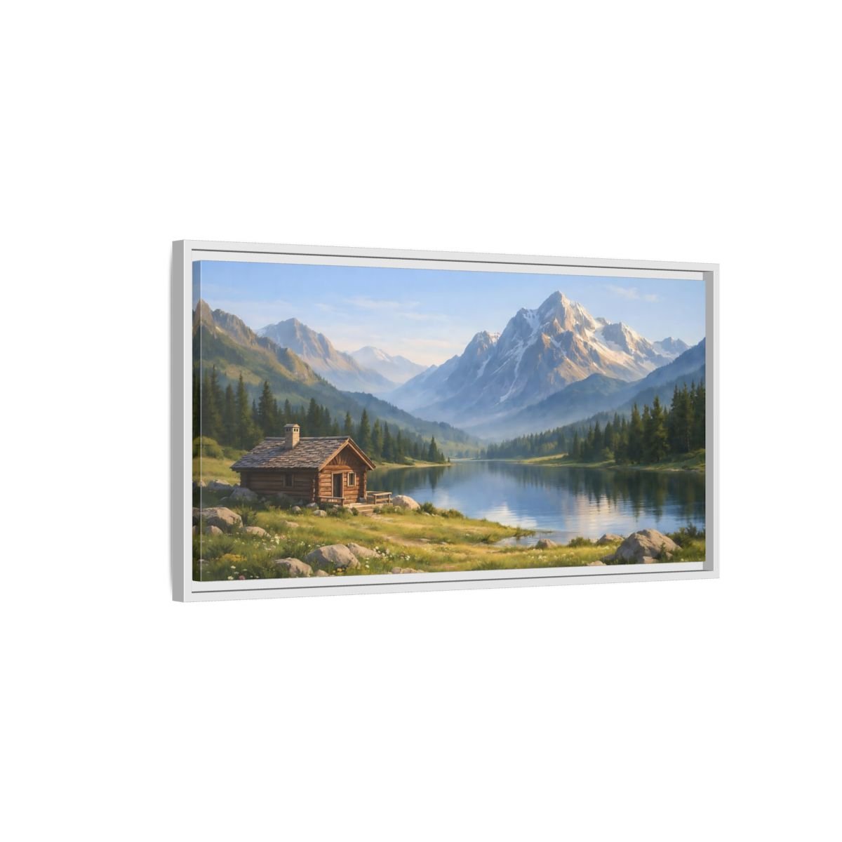 Landscape Nature Mountain Cabin Lake - Framed Canvas Wall Art Print - YesArtYes