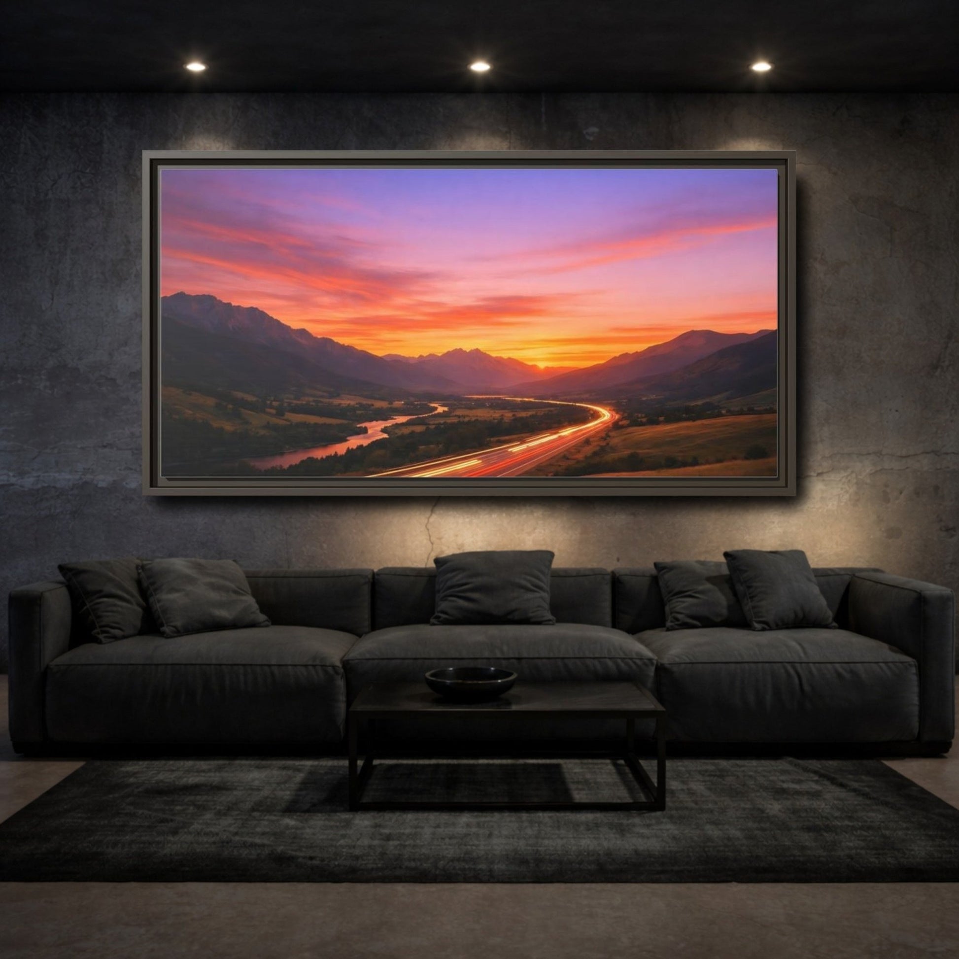 Landscape Nature Mountain Highway Purple Orange - Framed Canvas Wall Art Print - YesArtYes